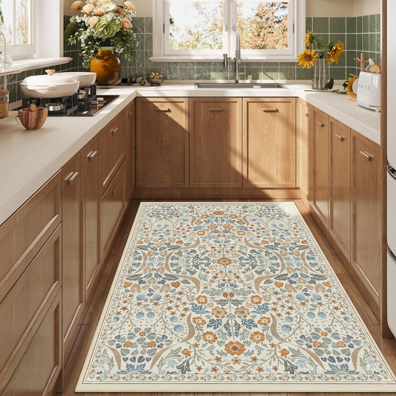 3x5 Floral Washable Area Rug for Kitchen, Non-Slip Soft Vintage Boho Carpet, Botanical Forest Beige Small Low Pile Rugs for Bedroom, Entryway, Home Office, Dorm, Beige