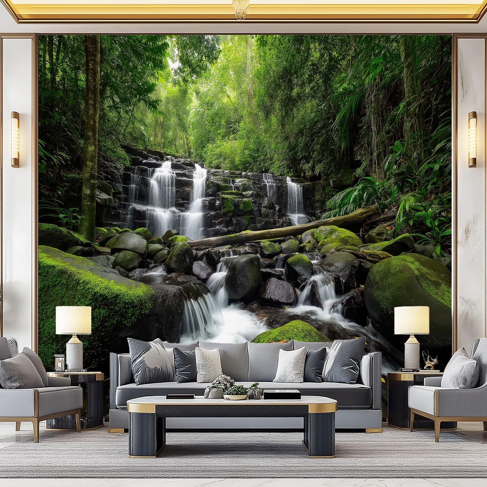 Papier peint panoramique paysage naturel pour un salon relaxant style jungle