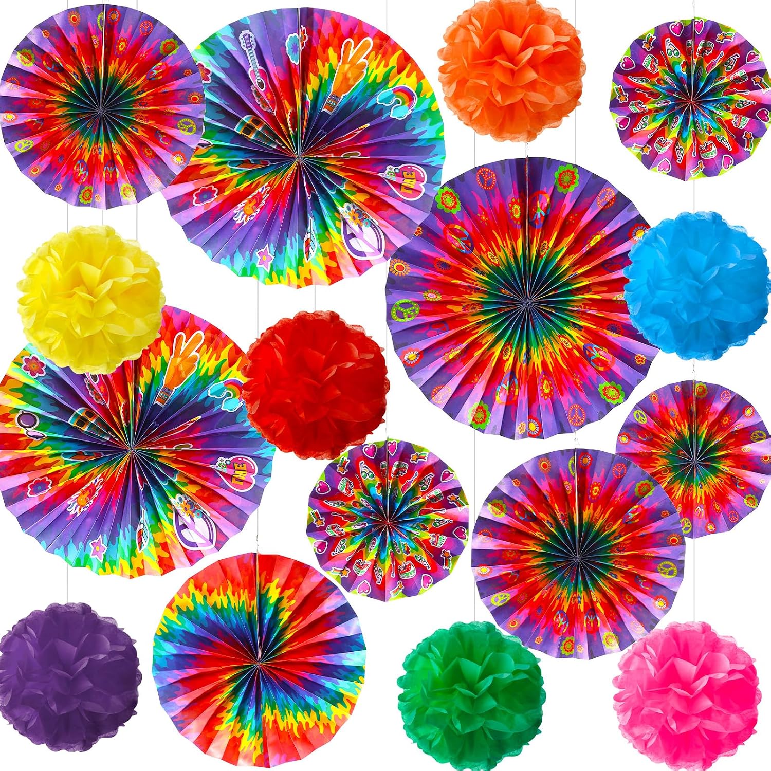 Outus 21 Pcs Hippie Party Decorations: Paper Fans & Tissue Pom Poms - Colorful, 8/12/16 Inch Sizes - Perfect for Birthday, Wedding, Graduation & More