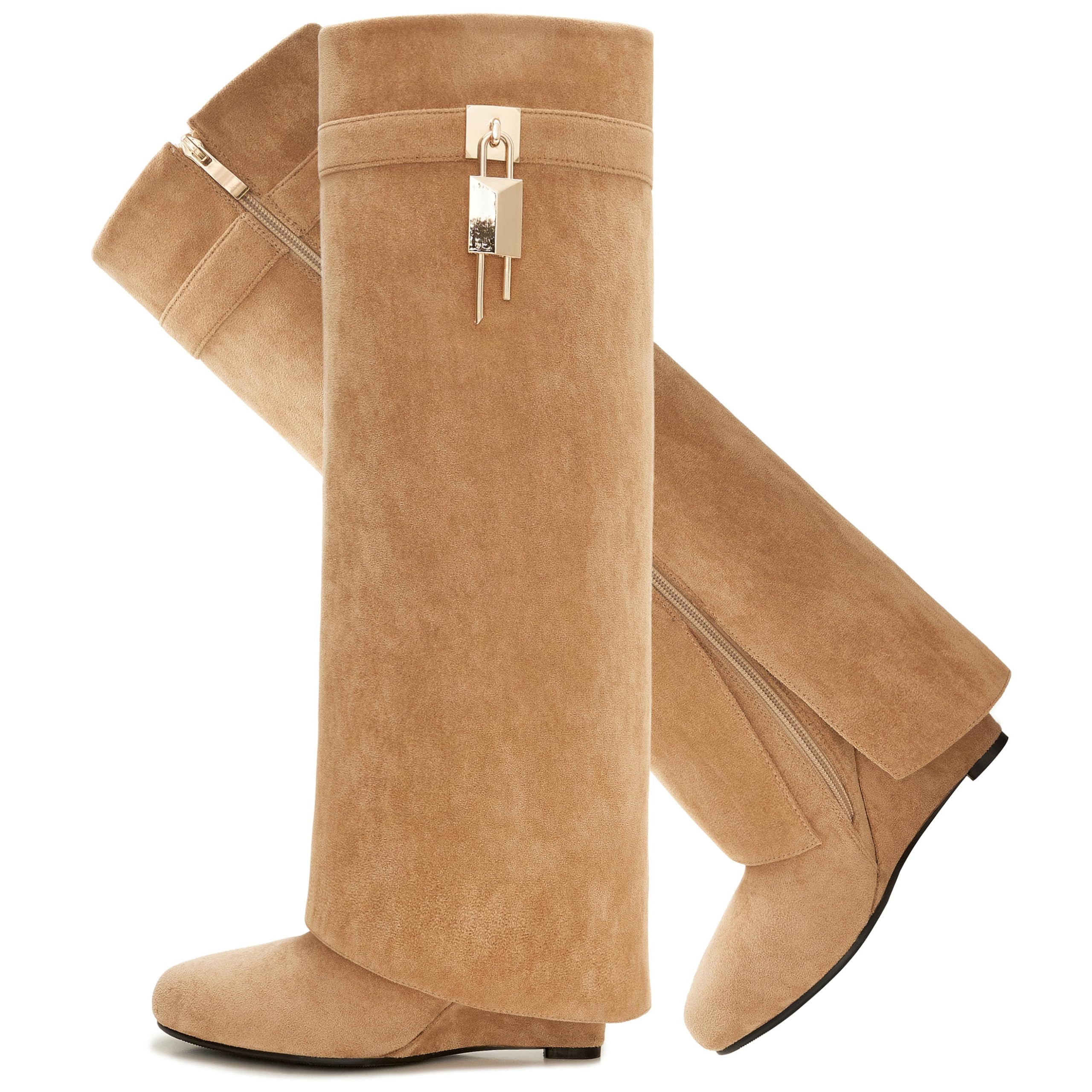 Fold Over Boots for Women Pointy Pull-on Wedge Heel Knee Shark Boot With Side Zipper Padlock Design