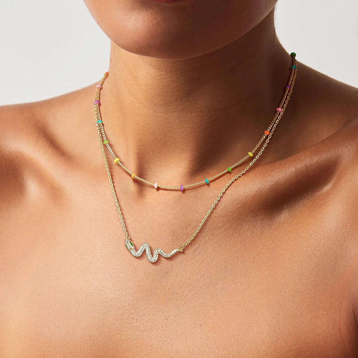 WEARON Gold Choker Necklace for Women 18K Gold Plated Dainty Bead Gene Figaro Heart Herringbone Paperclip Chain Choker Necklace Delicate Choker Jewelry Gifts for Women - Image 4