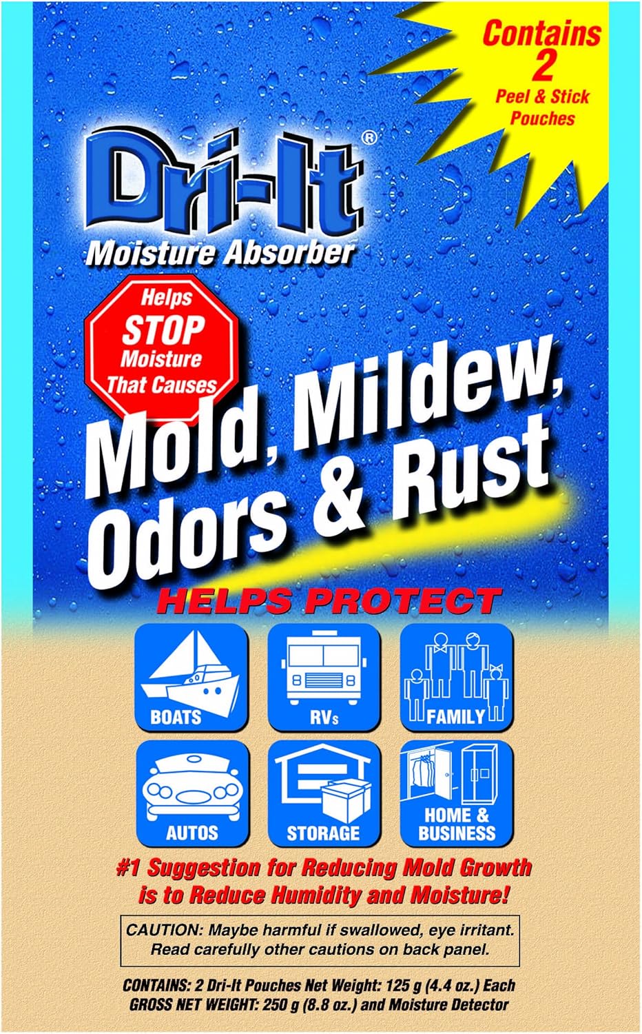 Dri-It MA-2-125-A Moisture Absorber with Disposable Peel and Stick Backing in a Twin-Pack , Blue