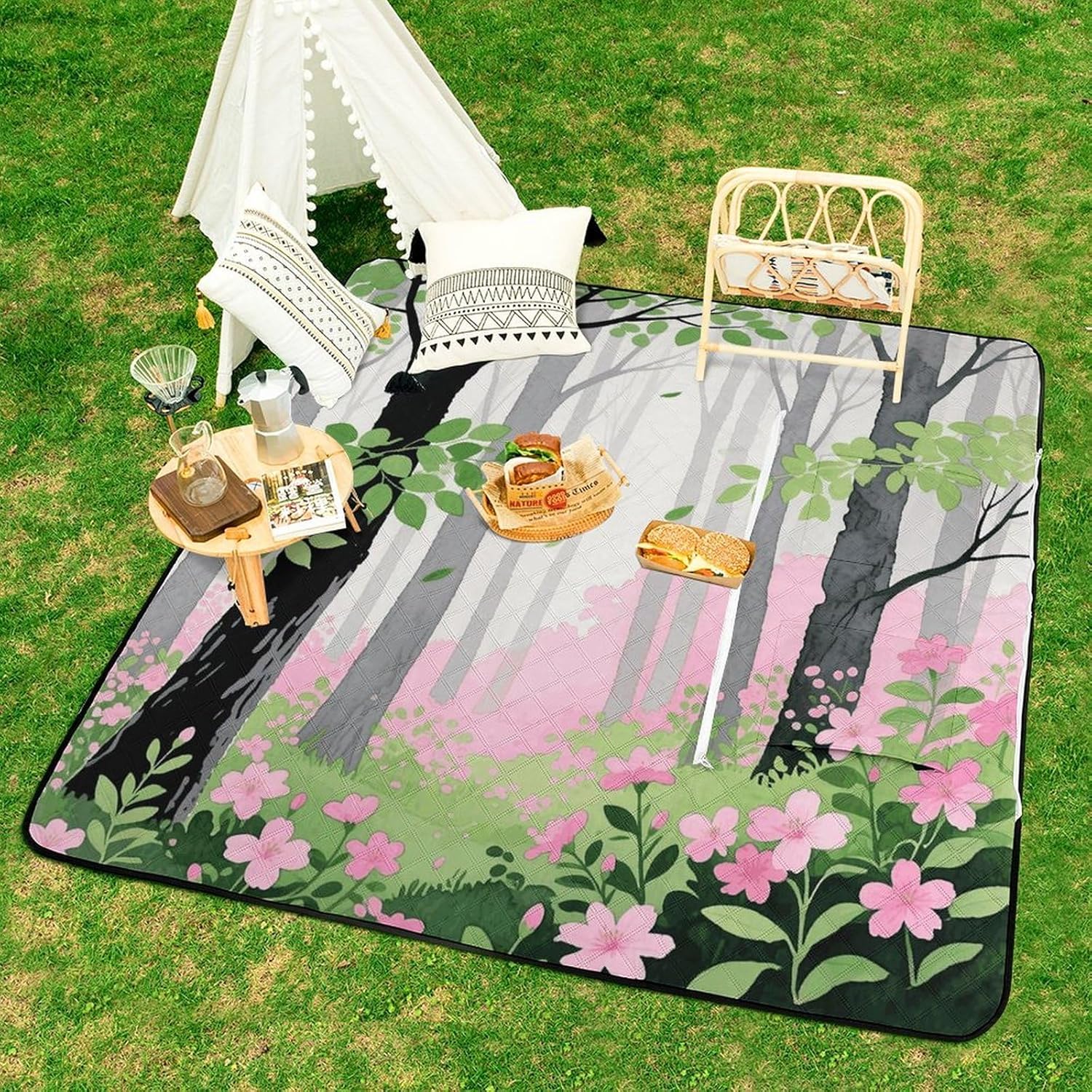 Gray Black Pink Green Picnic Blanket with Zipper Water Resistant Sand Free Picnic Mat Washable Foldable Easy Carry Beach Blanket for Lawn Beach Hiking Camping