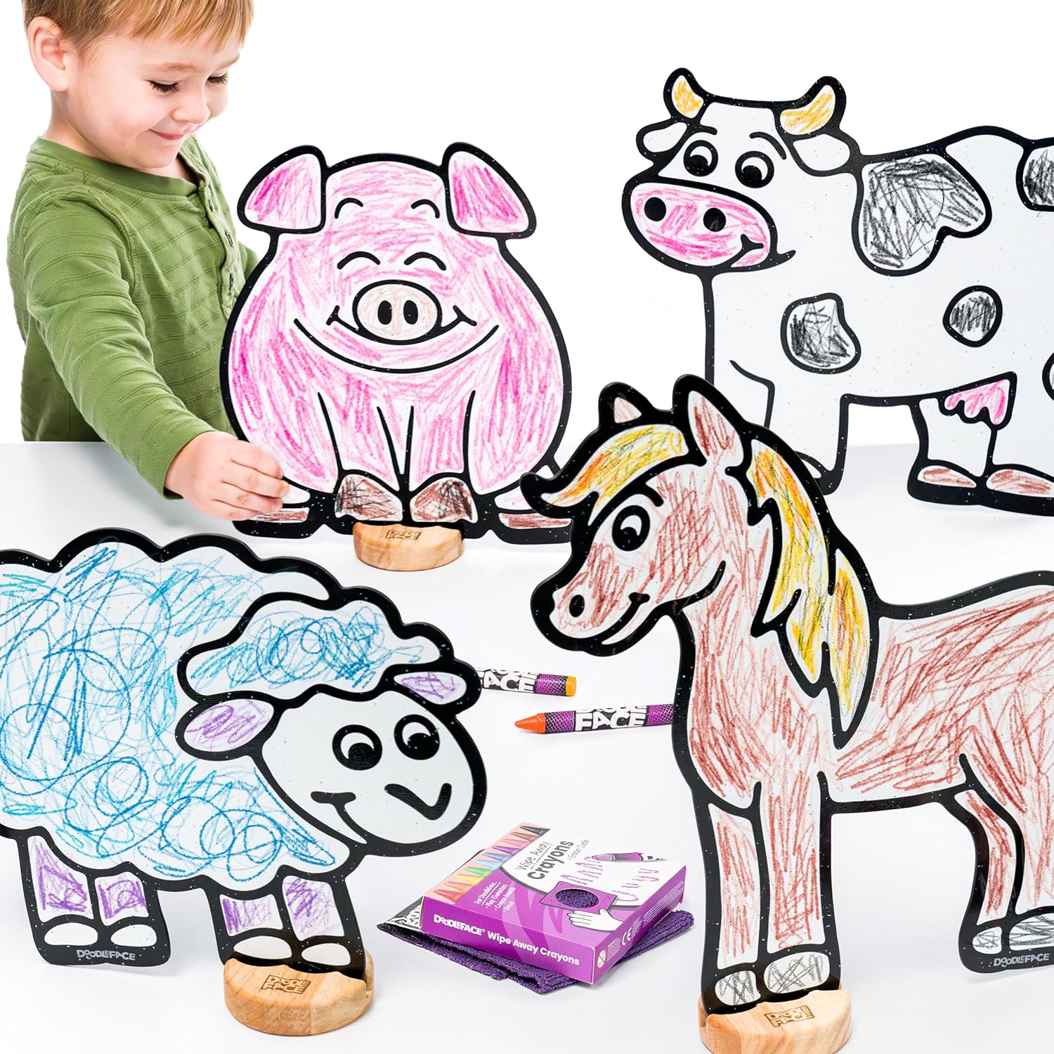 Farm Toy Set for Kids: Color, Play, Wipe Away with Crayons and Eraser. Educational Reusable Coloring Toy with Horse, Pig, Cow, Sheep.