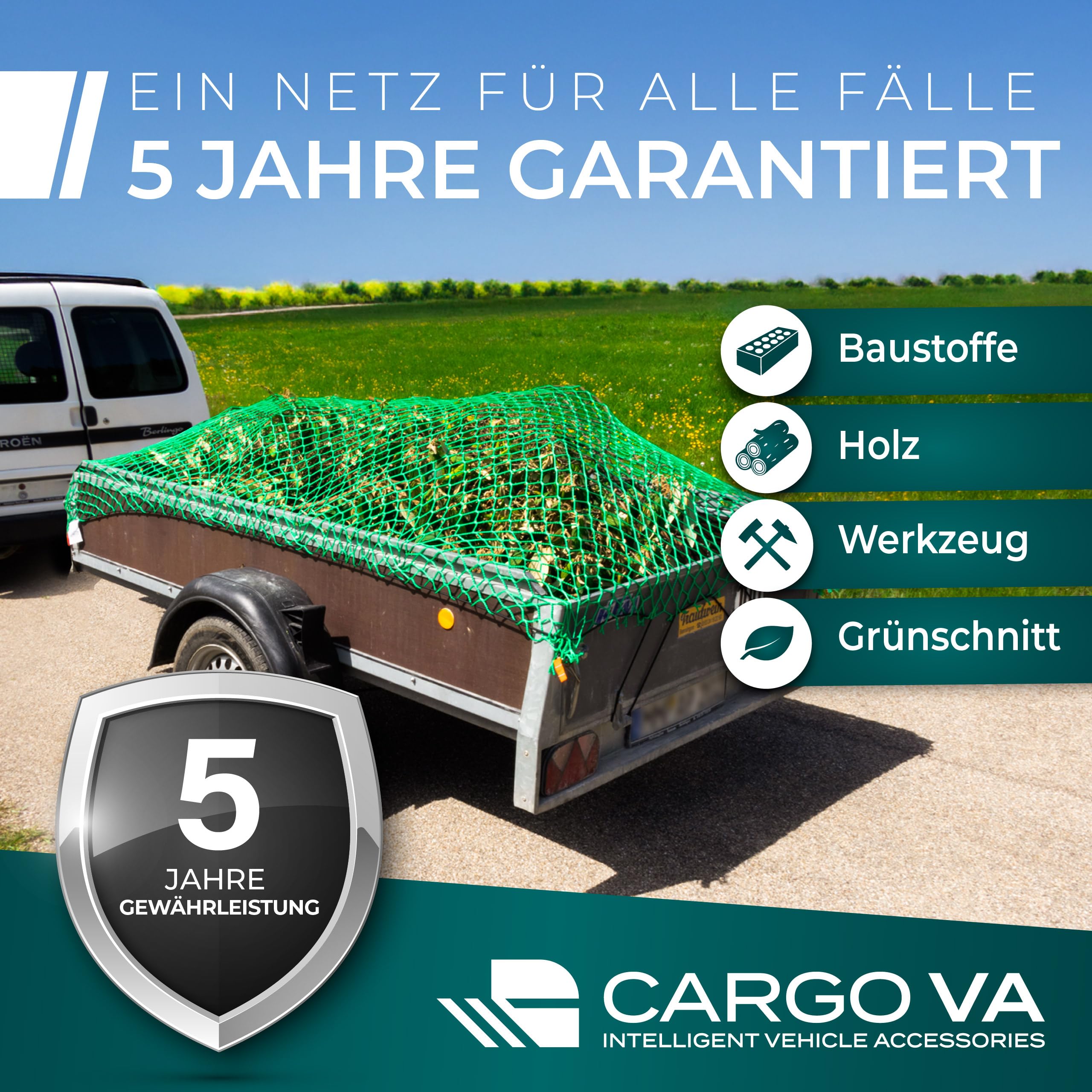 CargoVA® siatka na przyczepę 3 x 4 m – siatka do zawieszania z gumową linką i oznaczeniem narożników – do idealnego zabezpieczenia ładunku