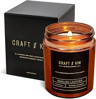Craft & Kin Fall Scented Candle for Men | Premium English Leather Candle | All-Natural Scent for Home | Long Lasting, 45-Hour Burn Time, 8oz