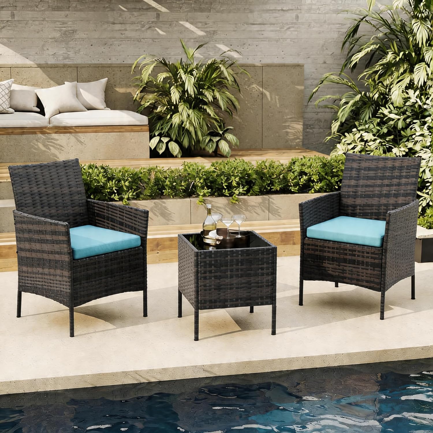 3-Piece Outdoor Furniture Set, PE Rattan Wicker Chairs with Soft Cushions & Tempered Glass Coffee Table - All-Weather Patio Set for Garden, Backyard, Porch, Poolside (Brown/Dark Blue)