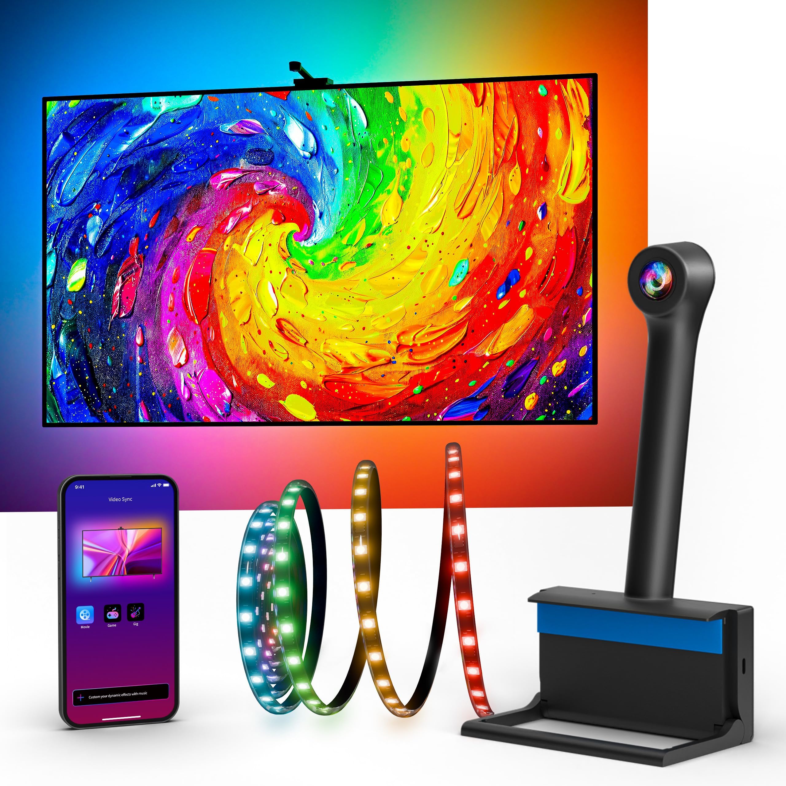 Ailofy TV Backlight with Camera for 75-85" TVs, 16.4ft LED Strip Lights, Real-Time Full-Screen Sync for Movies, Gaming & Music, Smart Bias Lighting, Works with Alexa & Google Assistant, App Control