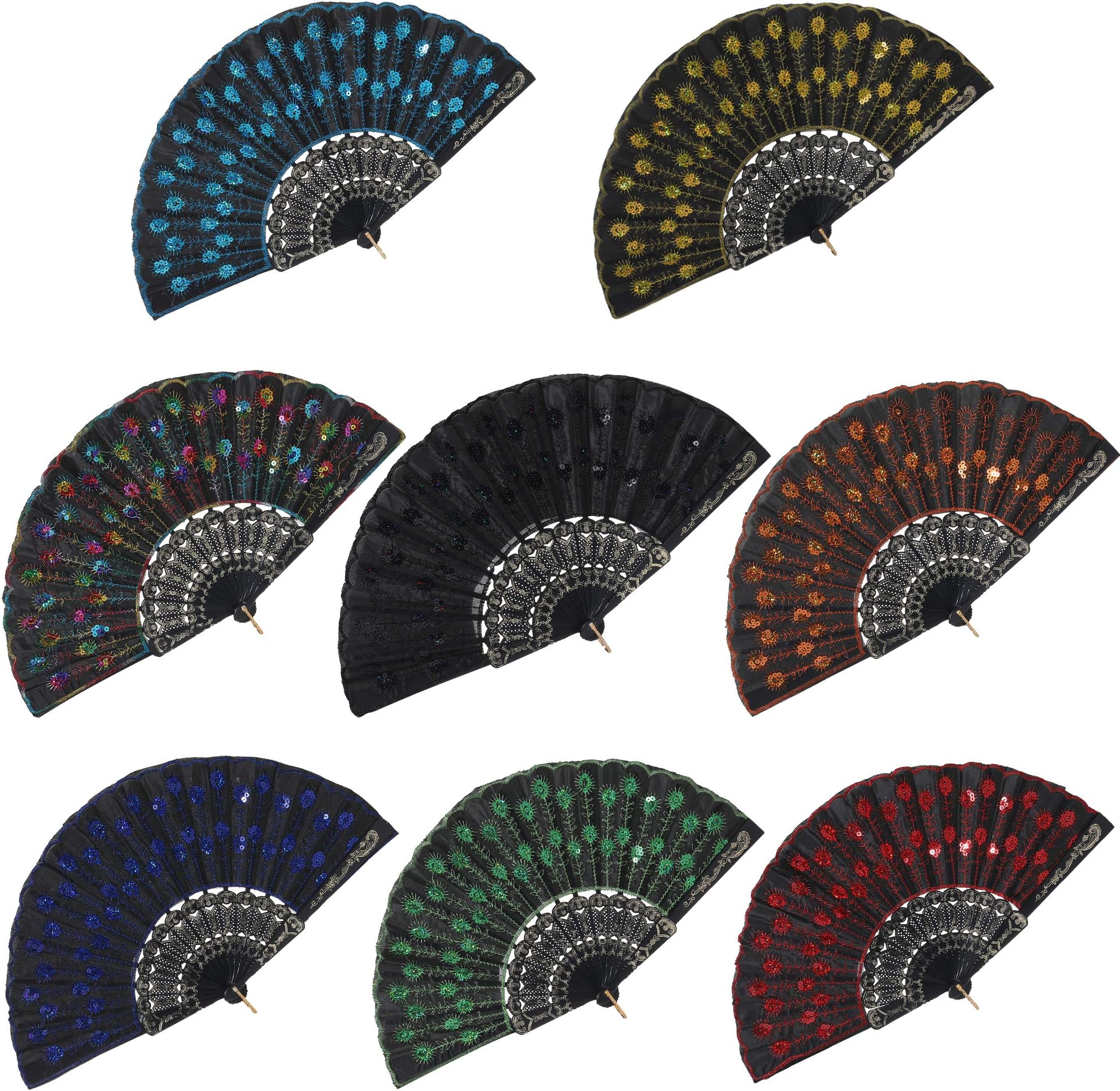 BABEYOND 8pcs Vintage Folding Hand Fan Embroidered Sequins Handheld Folding Fan Fabric Folding Fan for Wedding Dancing Party (Color Random Selected with Embroidered Sequins)