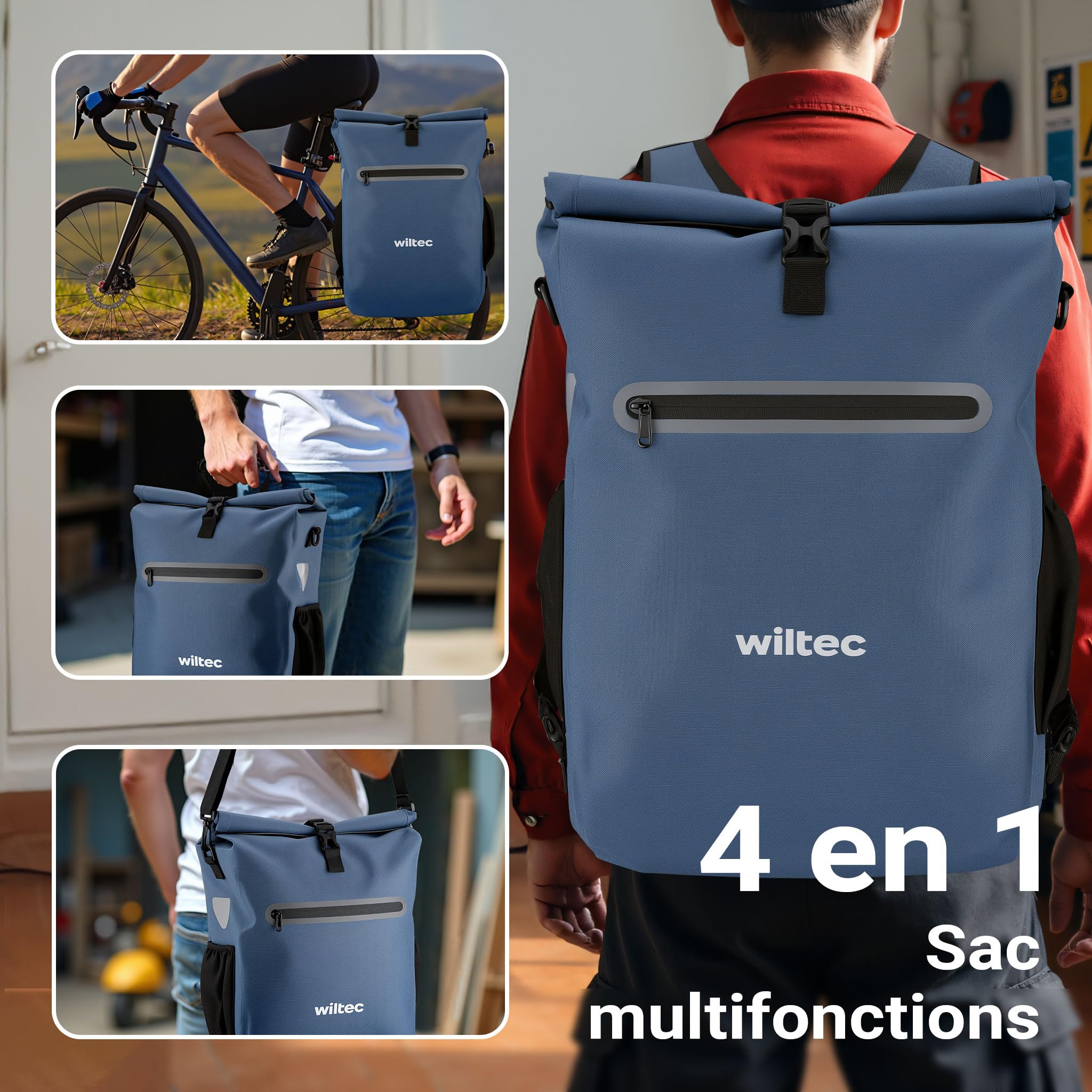 Wiltec Sacoche sac à dos étanche pour porte-bagages bleue – capacité de 20 L – en 600D TPU – avec compartiment pour ordinateur portable – pour vélos et vélos électriques – Sac de bicyclette – Cyclisme