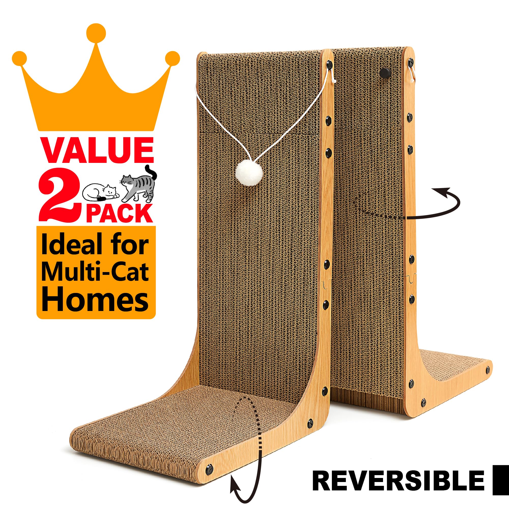 Value 2-Pack 23.6 Inch L-Shaped Cardboard Cat Scratcher, Dual Use (Vert/Horiz) Scratch Pad with Toy Balls, Wall-Mountable Furniture Protector Cat Scratchers for Indoor Cats, Couch & Wall