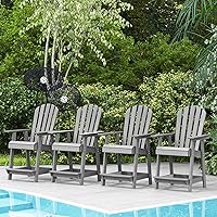 Vista 12 de Tangkula Taburete de bar para exteriores, silla Adirondack alta de polietileno de alta densidad con reposabrazos y reposapiés, resistente a