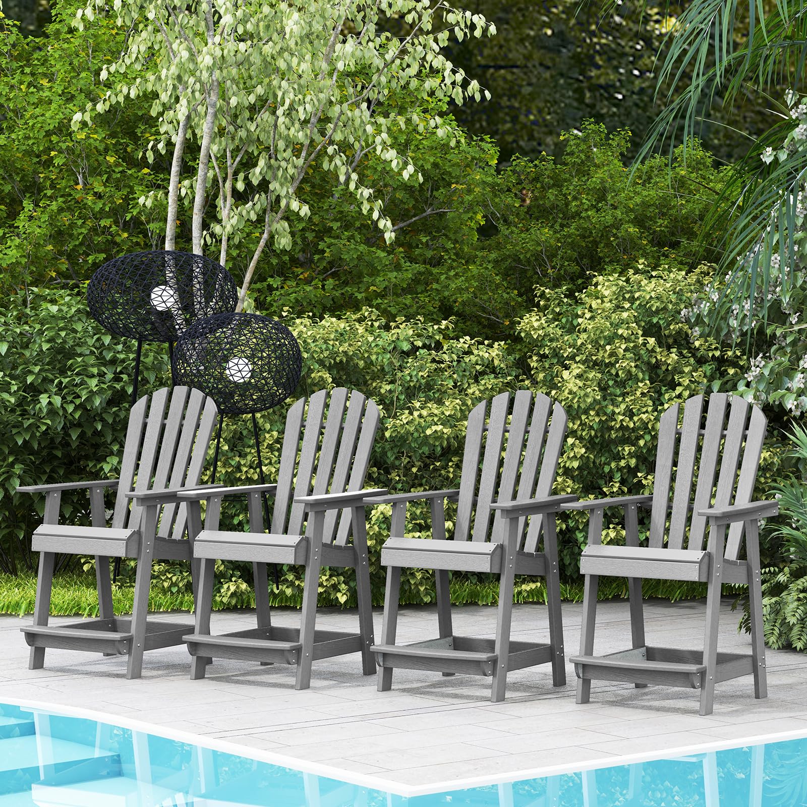 COSTWAY Hoher Adirondack Stuhl mit Fußstütze, wetterfester Barhocker aus HDPE, Balkonstuhl mit Armlehne, Outdoor Adirondack Chair für Garten, Terrasse (Grau)