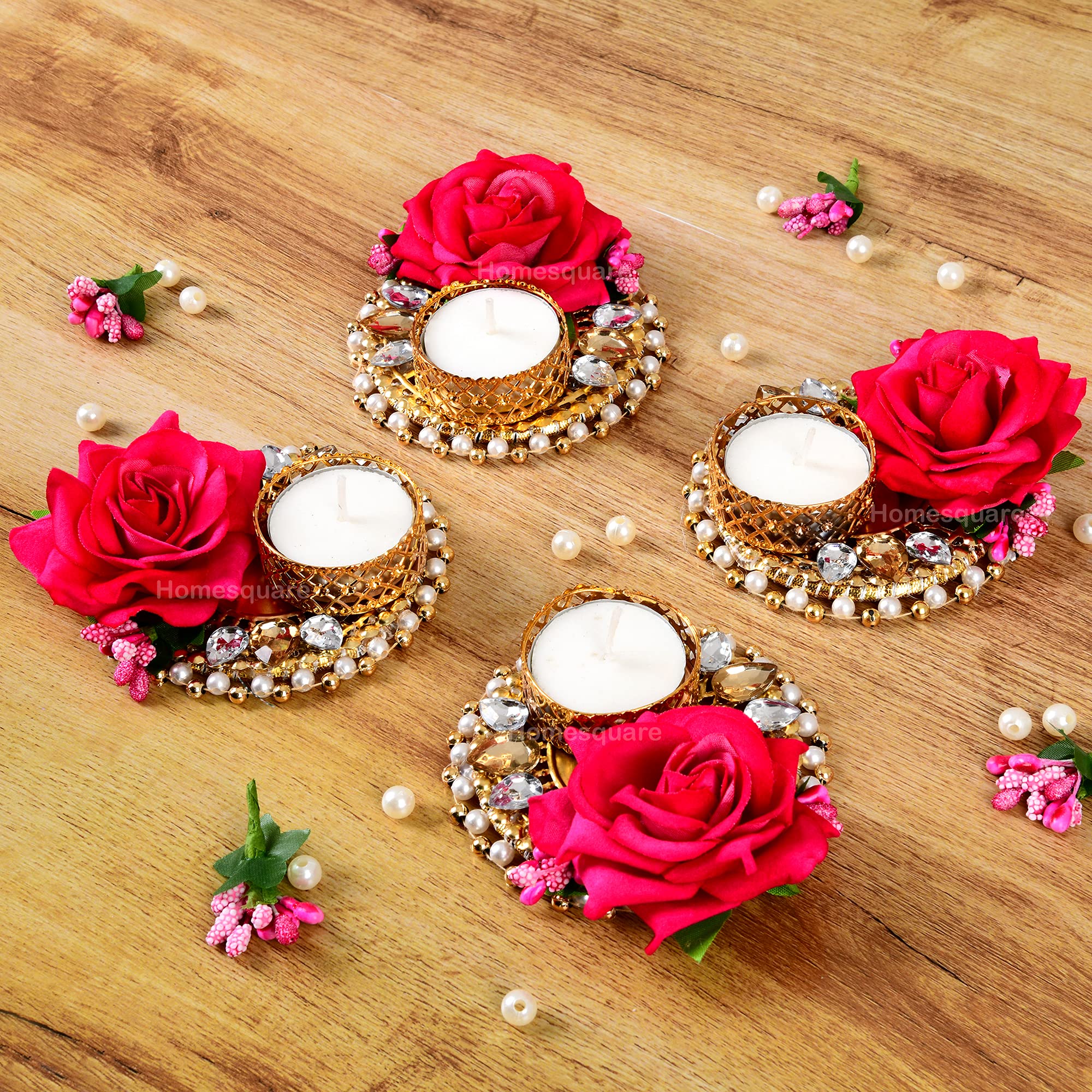 HomeSquare Tealight Holder Diwali Diya with Artificial Flowers & Tea Lights - Set of 4 Tealight Candle Holders (B08KT2X33B) Amazon Price History, Amazon Price Tracker