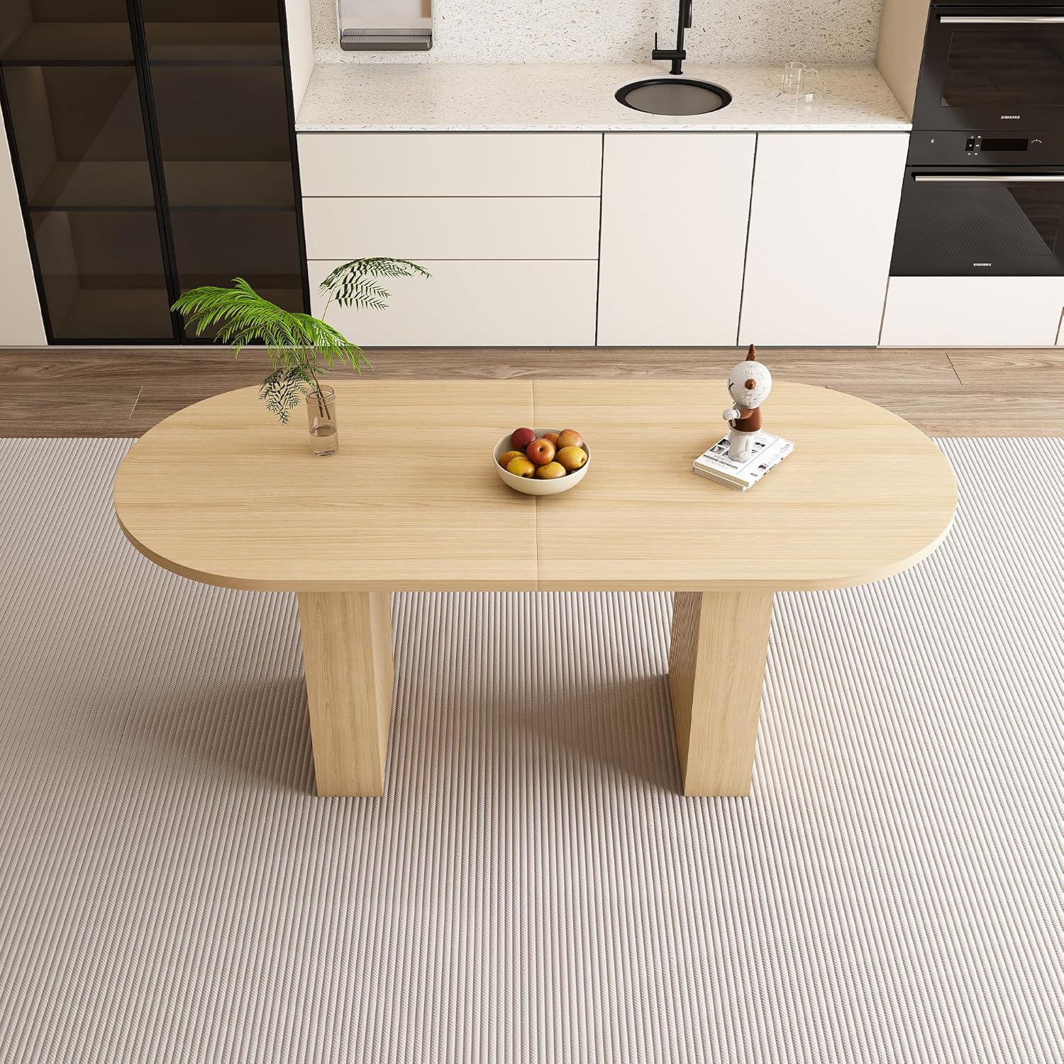 Pedestal Dining Table for 6 with Farmhouse Style and Natural Finish