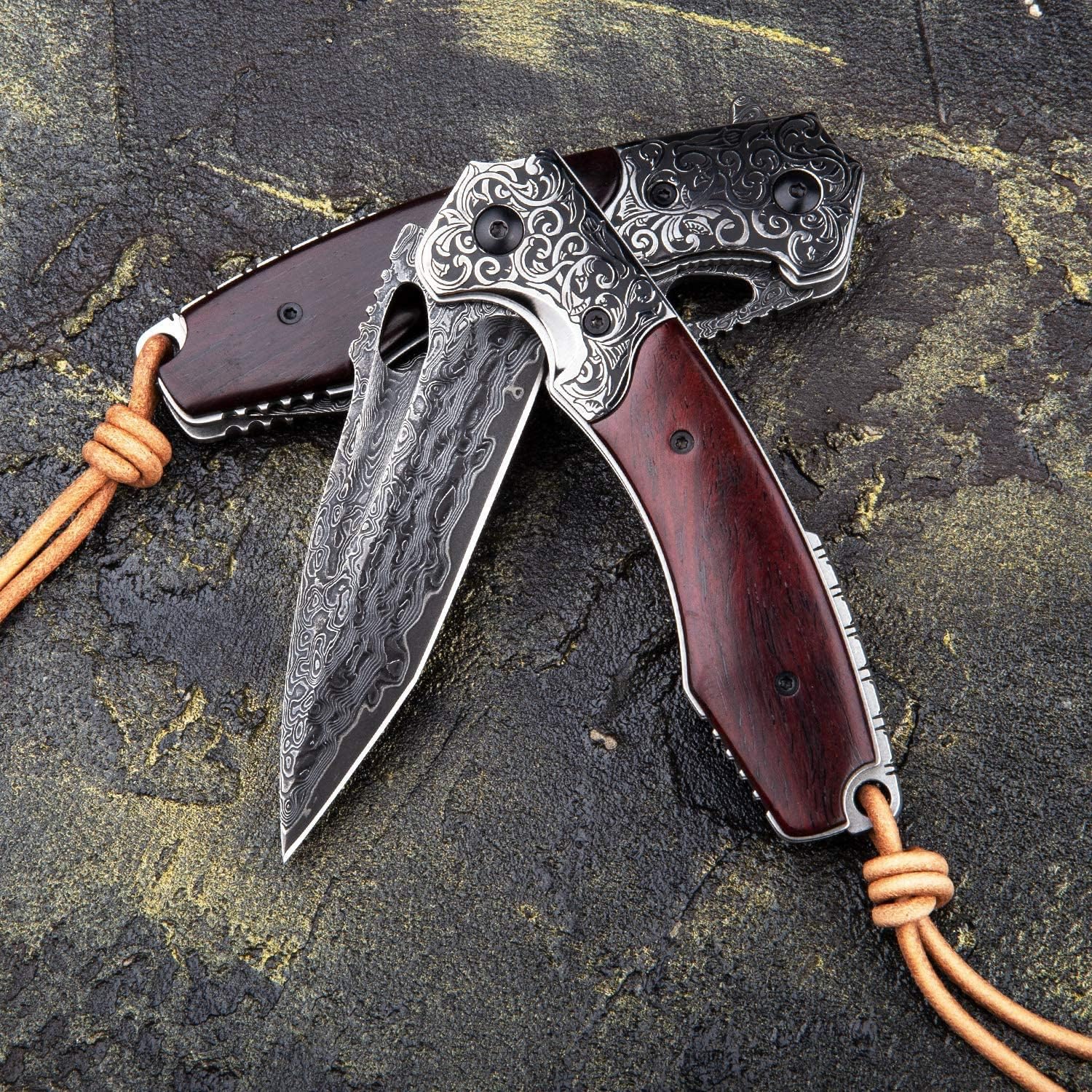 japanese vg10 steel handmade damascus steel folding pocket knife with leather sheath,liner lock,3.5in tanto blade edc knives for men camping