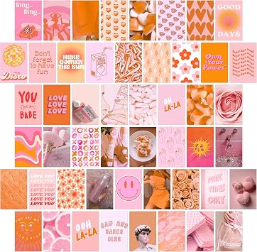 Pink and Orange Room Decor Aesthetic, Peach Wall Collage Kit Posters for Teen Boys Girls 50pcs 4x6 inch