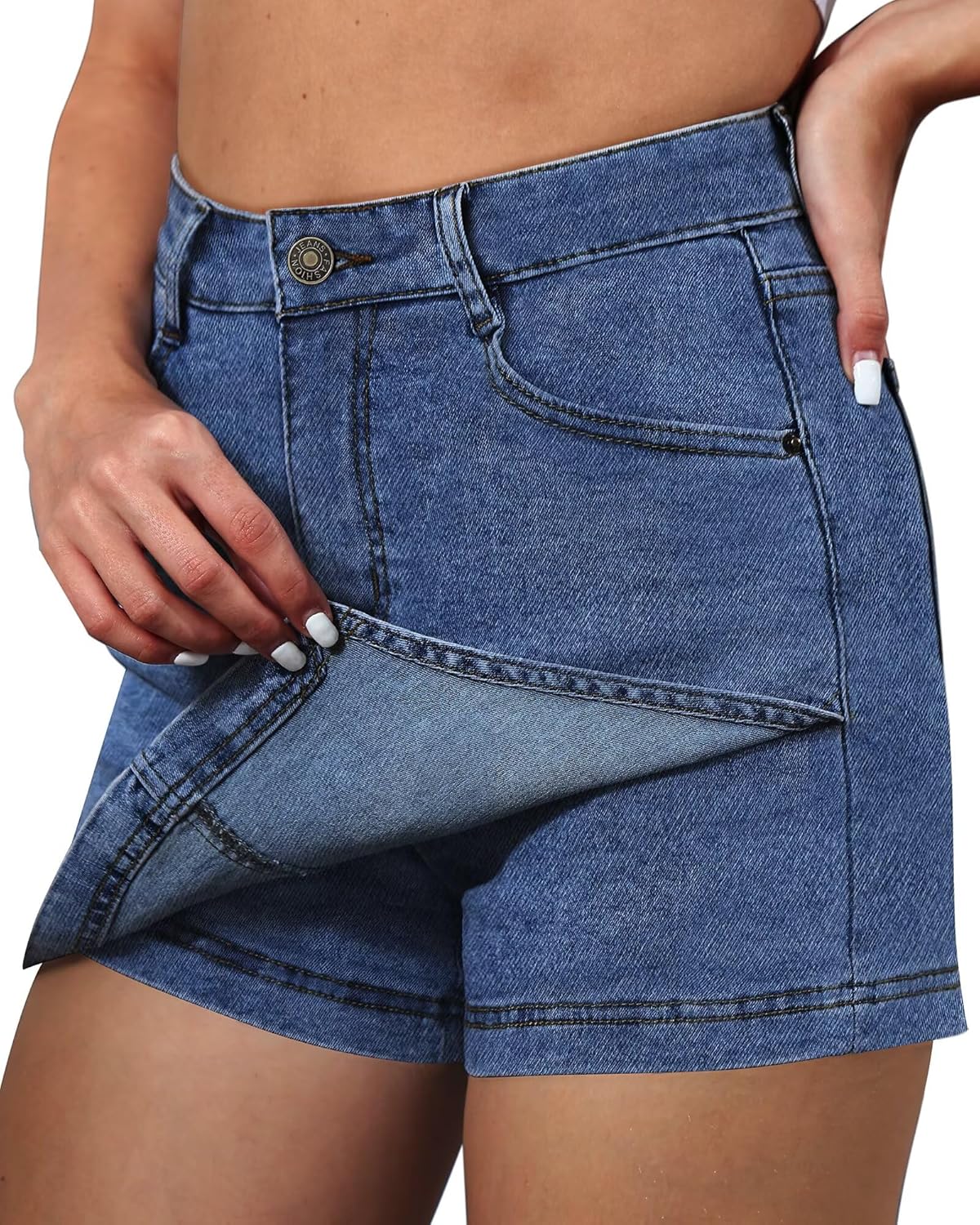 Denim Skorts for Women Skirt Stretchy High Waisted Womens Skirts Asymmetrical Hem Mini Jean Skirt with Shorts - Image 2