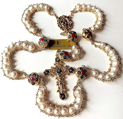 Miniatura 2 de elegantmedical Hecho a mano 18K chapado en oro de la escalera al cielo perla y esmalte perlas católica rosario crucifijo collar caja, Cobre