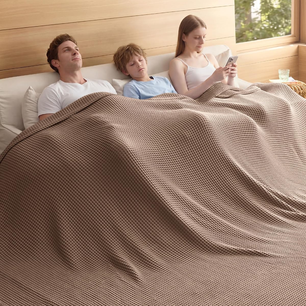 Bedsure Manta tipo gofre ligera 100% algodón, 120 x 94, marrón café | Verano, Transpirable, Suave, Confort, Ligero, Delgado, Texturizado, Cama, Sofá, Silla, Rey de Gran Tamaño, Manta de Sábana, Regalos Acogedores
