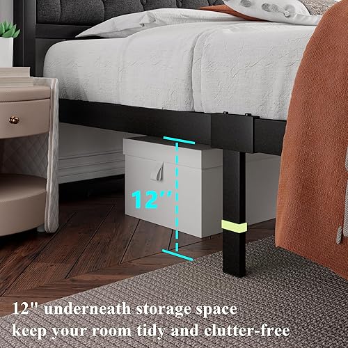 Miniatura 6 de iPormis Base de cama de metal tamaño Queen con cabecera tapizada de lino, marco de cama de plataforma curva, soporte de listones de acero metálico