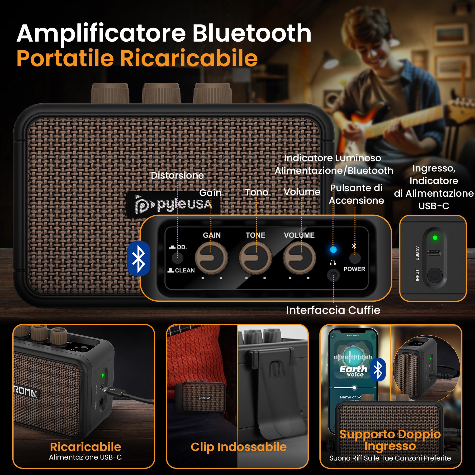 Pyle Chitarra Elettrica 99 cm con Amplificatore Bluetooth, Chitarra Kit Completo, Guitar con Cavo Jack 6,35 mm, Custodia, Cinghia, Corde, Plettri, Pickup ST, Blu Sfumato