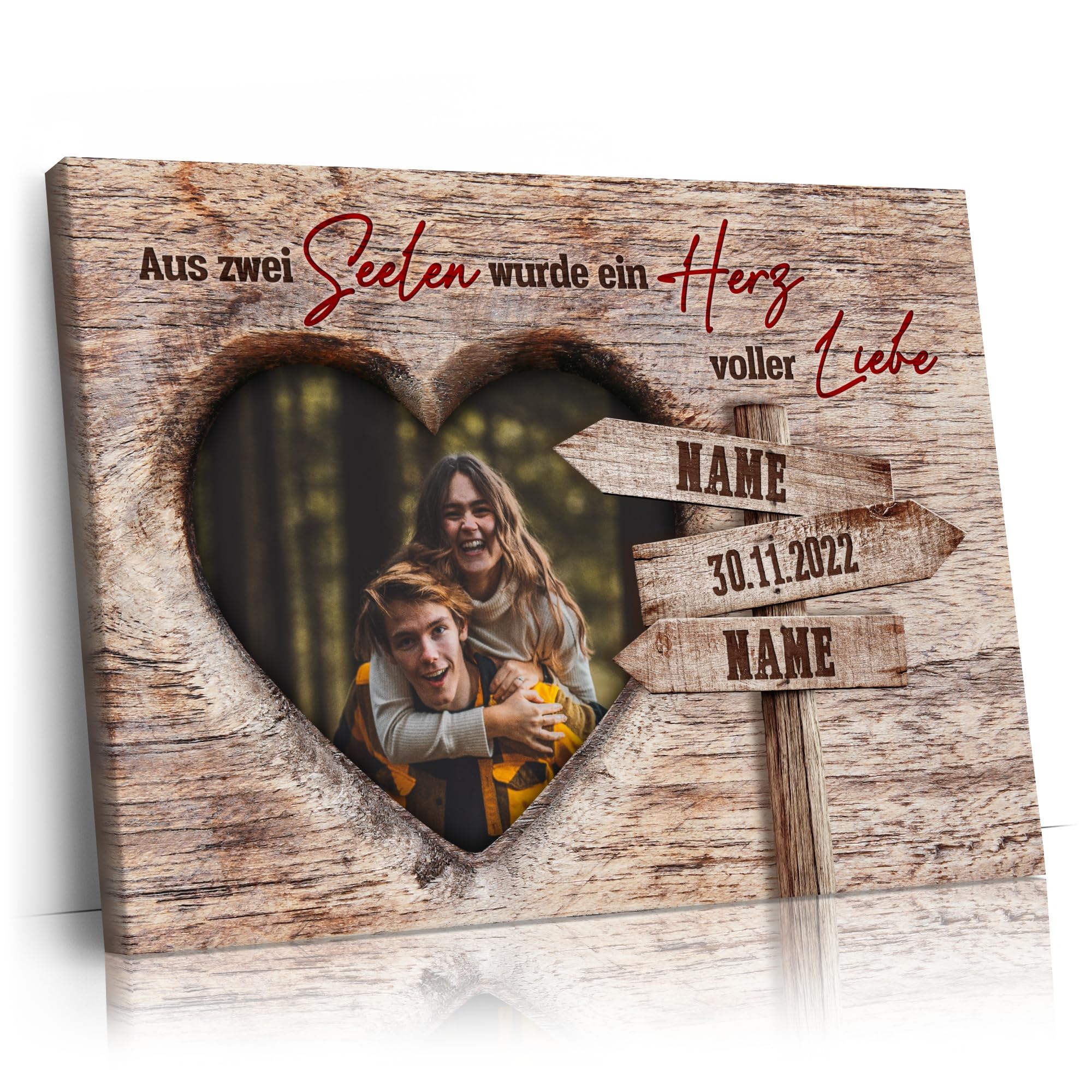 Liebesleinwand Leinwand mit Foto personalisiert | Geschenk für sie oder ihn zum Jahrestag, Verlobung, Hochzeitstag | Leinwandbild gestalten mit Namen und Datum | Romantische Gedanken