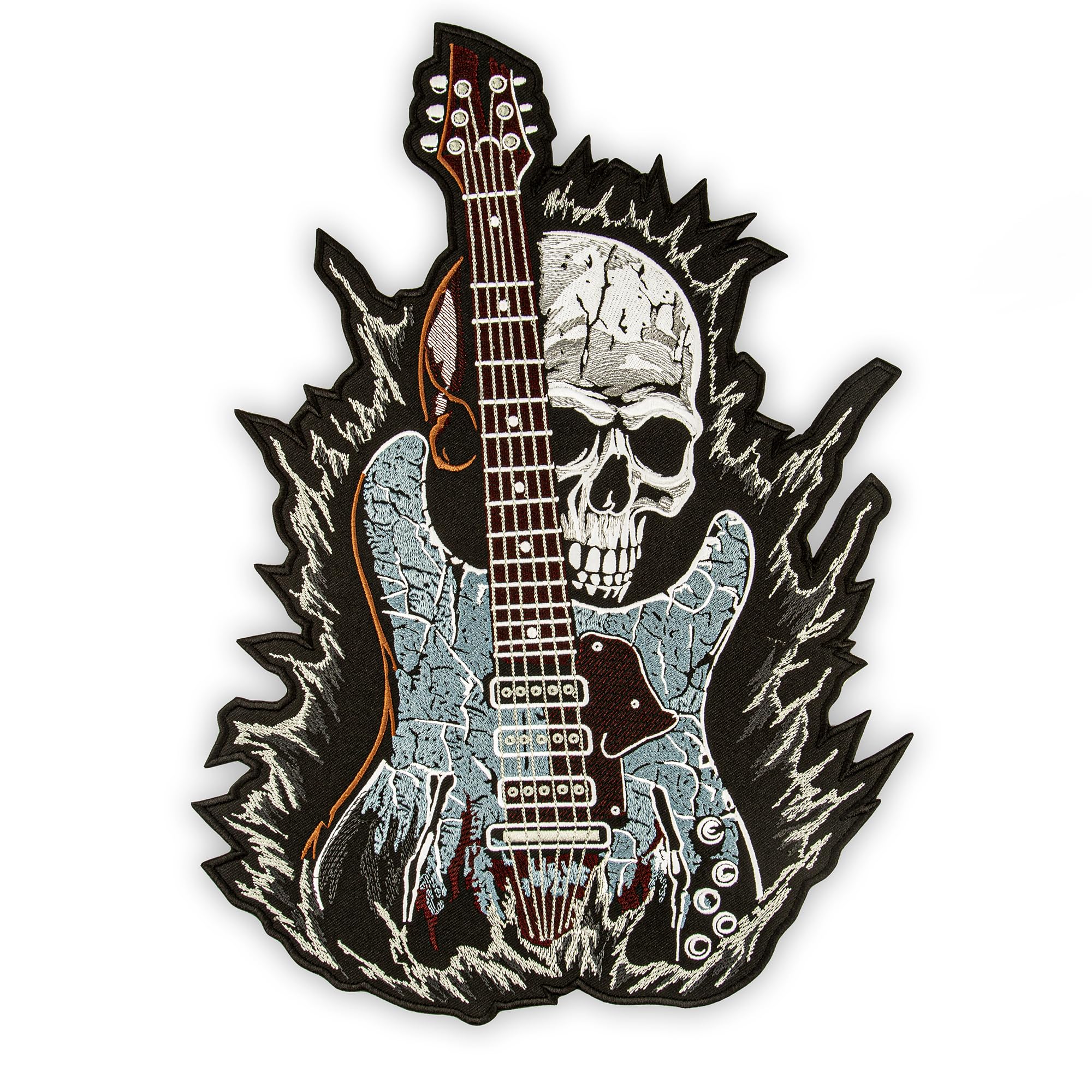 EMBROVERSE Rock Gitarre Totenkopf Rückenaufnäher, Bestickt zum Aufbügeln | Heavy Metal Rocker, Punk Band, Musikfestival Skelett Biker; Geschenk für Jeansjacken, Westen, Hoodies, Rucksäcke, Taschen