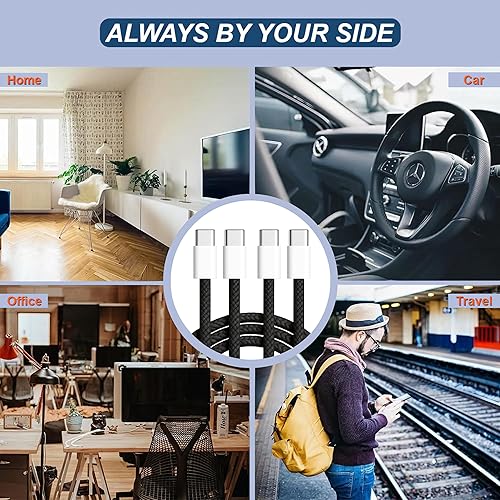 Miniatura 6 de TOP-UP Paquete de cables USB C a USB C – 2 cables trenzados de carga rápida de 3.3 pies negros + 2 cables blancos de carga rápida, cable PD tipo C