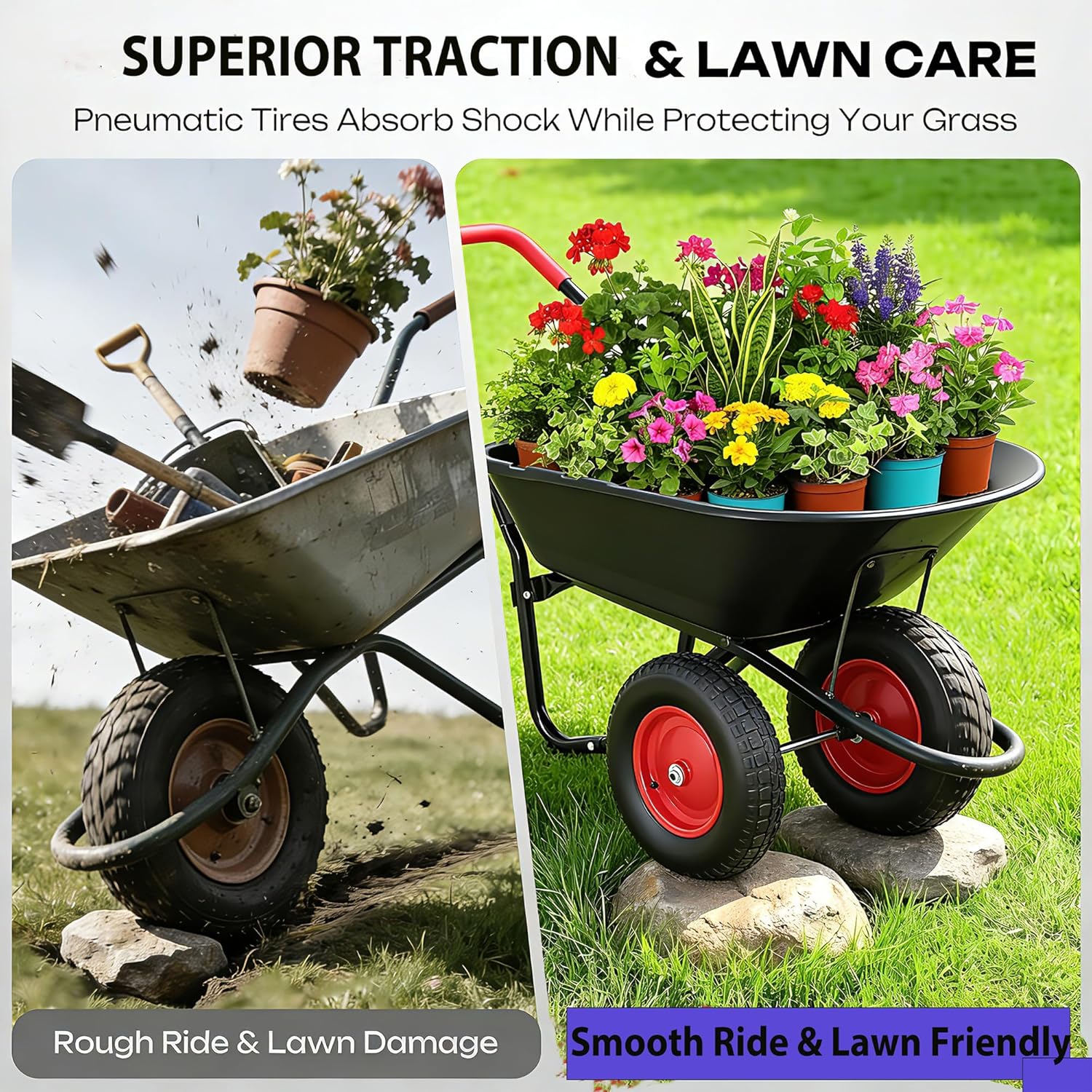2 Wheel Wheelbarrow, Dual-Wheel Garden Dump Cart with 13" Non-Slip Pneumatic Tires & Ergonomic Padded Handle, Heavy-Duty Home Utility Yard Cart Wagon with 4.5 Cu Ft Capacity for Lawn, Gardening