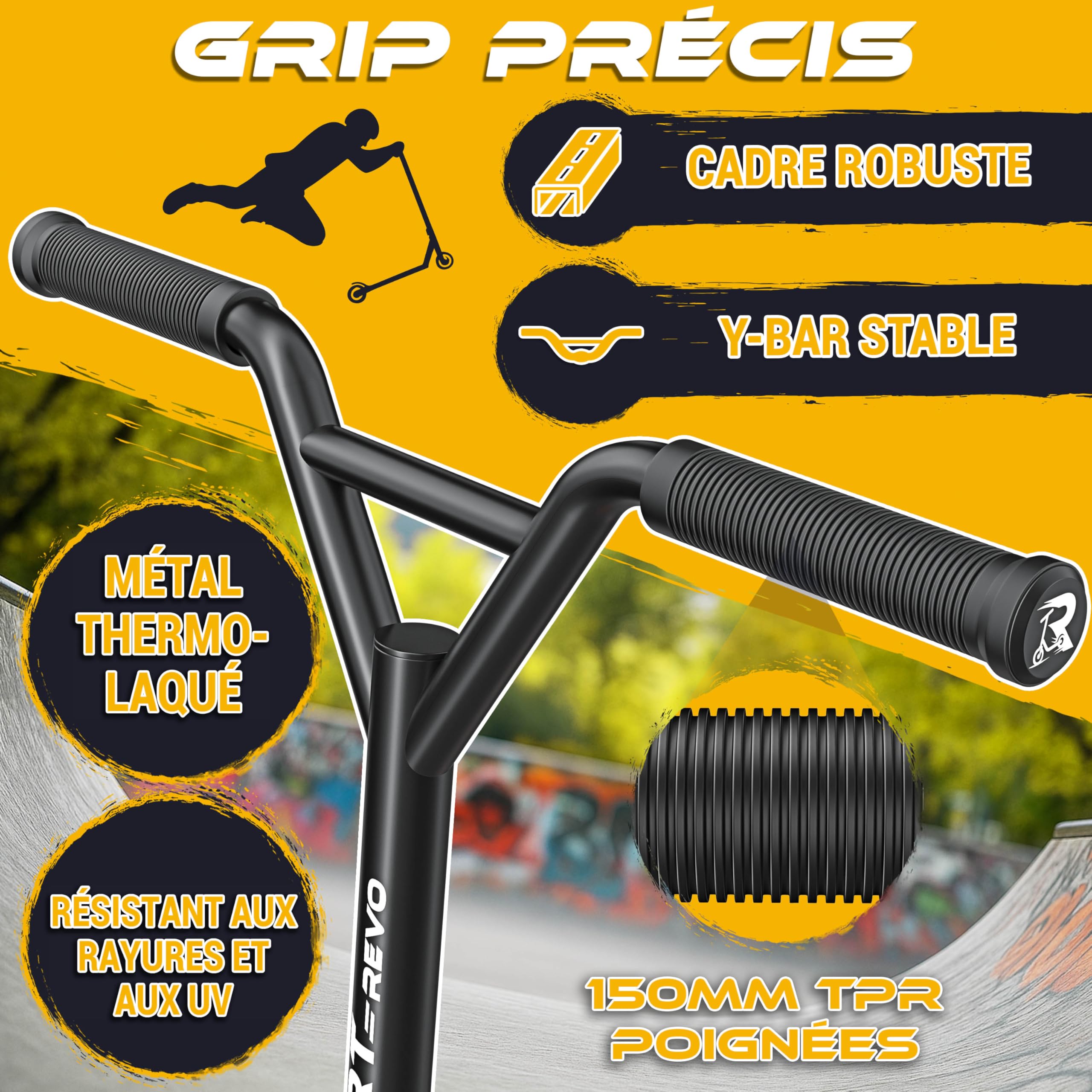 RE:SPORT Trottinette Stunt Revo pour enfants et adultes, avec support, 100 mm, roues en polyuréthane et barre en Y, roulement à billes ABEC 9, trottinette cascade, trottinette freestyle
