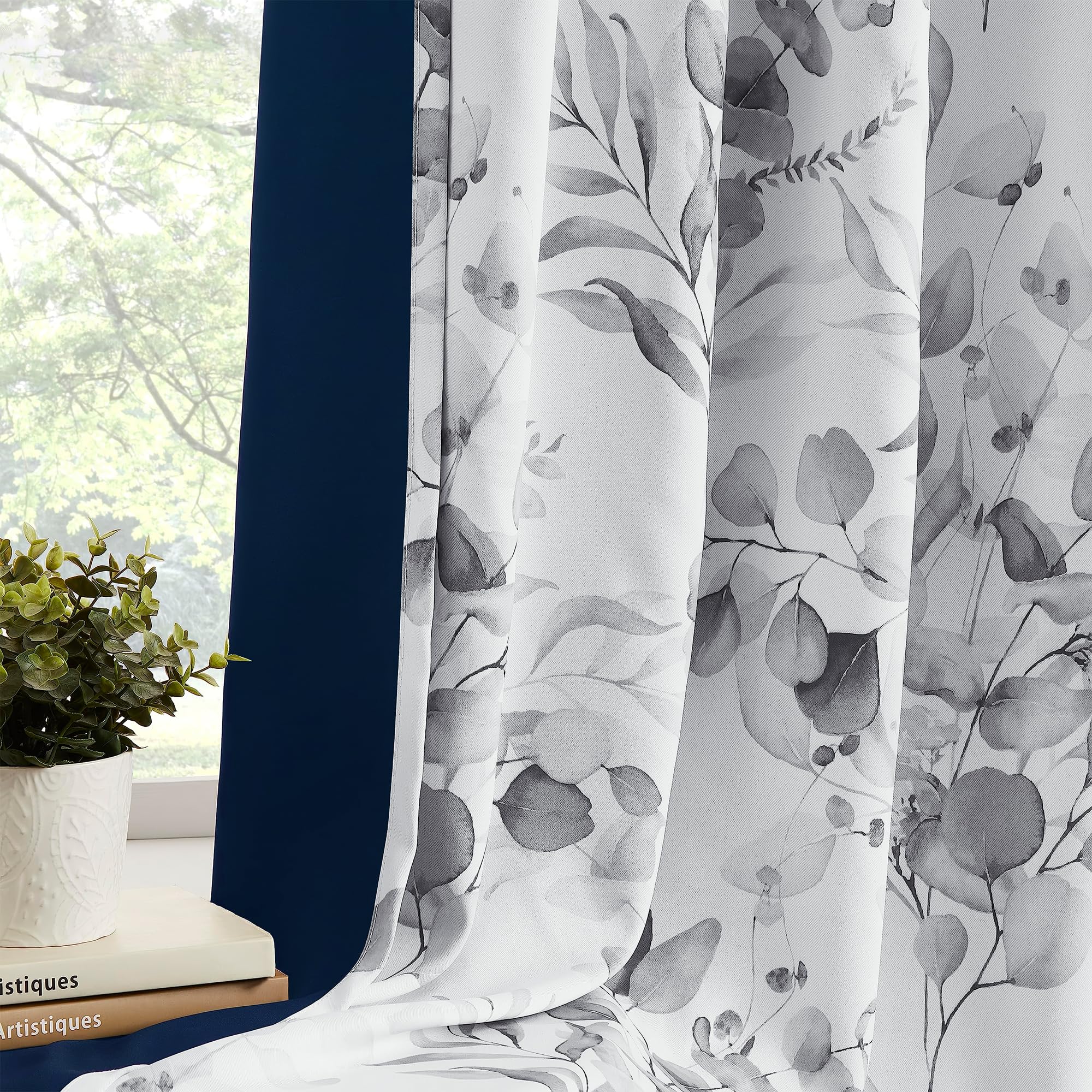 Xwincel 100% Blackout Curtains Grey Floral Pattern Curtains 63 Inches Long for Bedroom Watercolor Leaf Print Thermal Insulated Drapes for Living Room