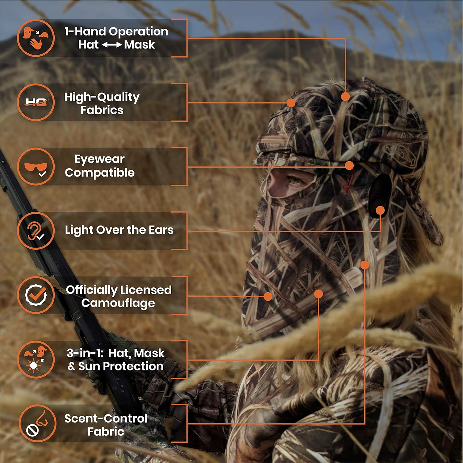 Mossy Oak Break-Up Camo Face Mask Rear Facing Hat for Hunting, Officially Licensed Camouflage - Image 3