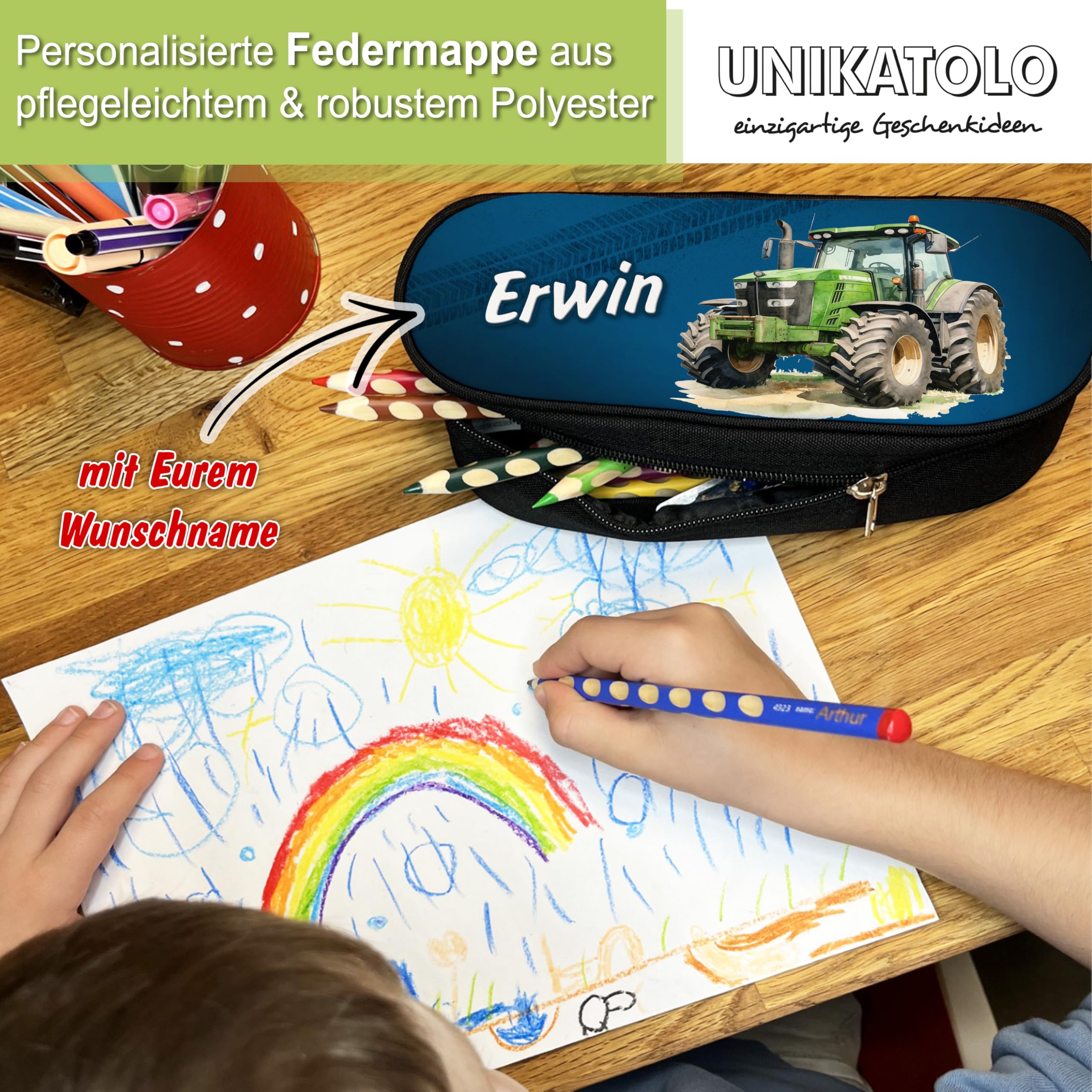 Federmäppchen Traktor mit Name personalisiert, Federtasche in dunkelblau für Jungs und Mädchen, Stiftebox Geschenkidee Schulanfang, Schule, Kinder, Schlamppermappe Schlamppermäppchen