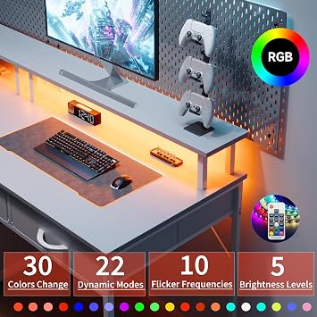 130x120cm L Shaped Desk with Power Outlet & LED Lights, 4 Drawers Reversible Gaming Corner Computer Desks for Workstation, Home Office Desks with Monitor Shelf & Storage Shelves,White