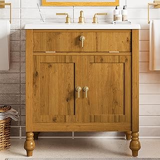 Christopher Knight Home Karik 30" Vintage Bathroom Vanity with Resin Sink, Wooden Bathroom Vanity Organizer with Drawer+Shelf, Soft Closing Door Bathroom Storage Cabinet, Freestanding Design, Brown