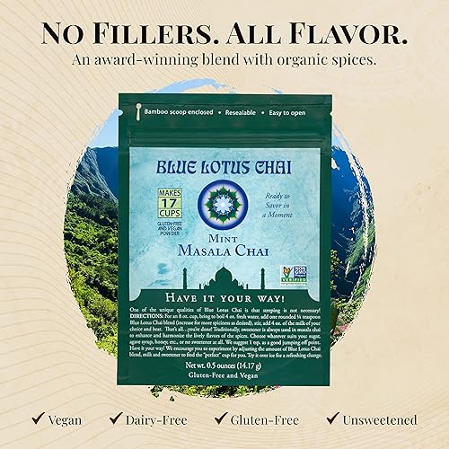 Miniatura 3 de Blue Lotus Chai  Masala Chai sabor menta  Hace 17 tazas  0.5 oz Masala Chai en polvo con especias orgánicas  Té indio instantáneo sin empinar  Sin