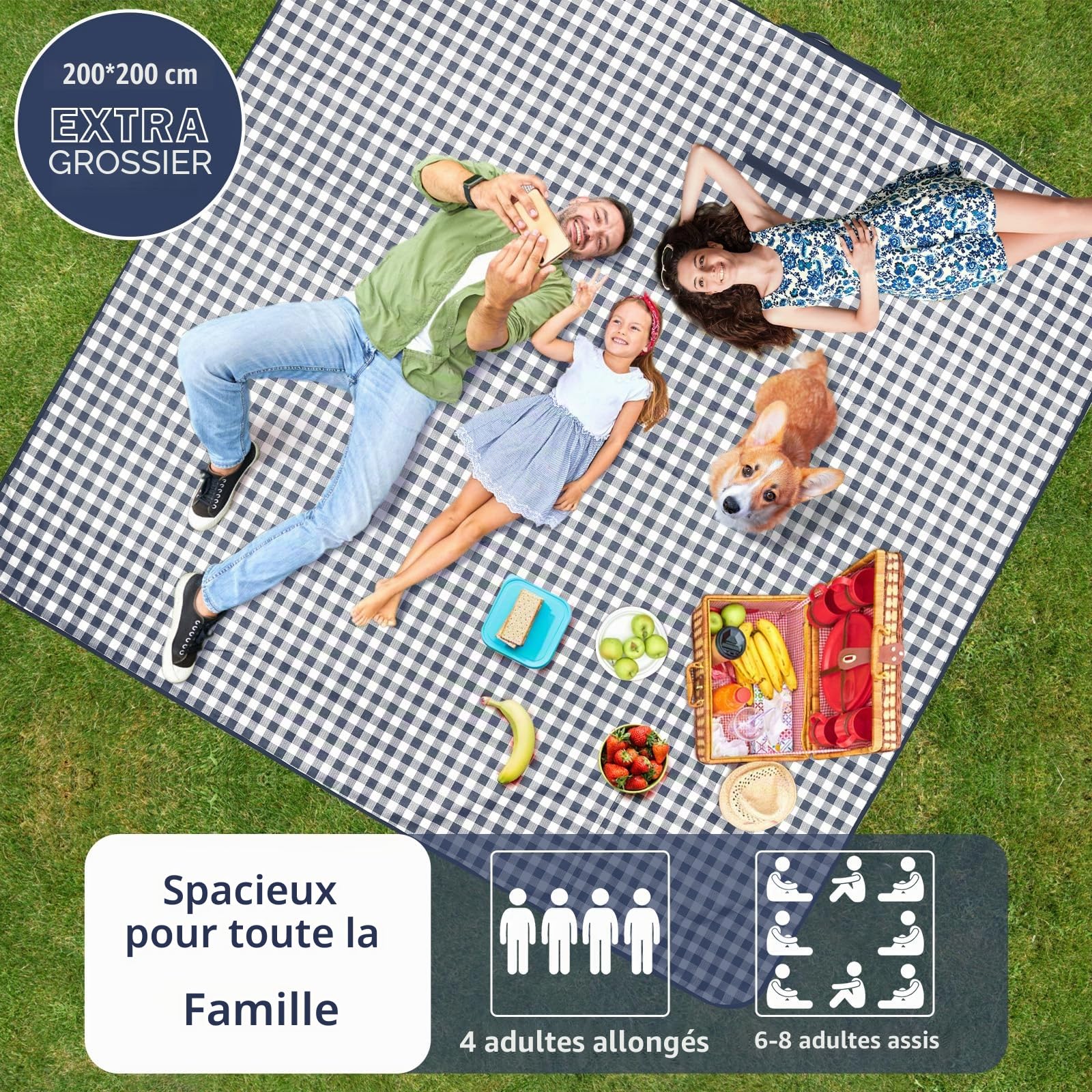 Grande couverture de pique-nique imperméable, 200 x 200 cm, résistante au sable, lavable en machine, avec poignée de transport, pour camping, plage, pique-nique en famille, motif écossais bleu