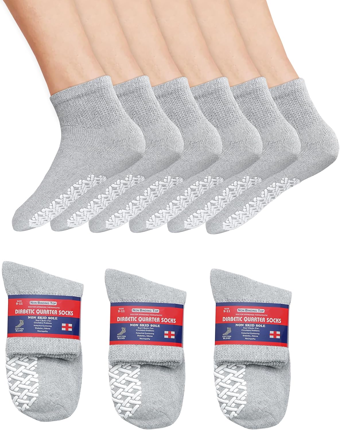 Diamond Star Diabetic Socks for Men & Women, Cushioned Cotton Quarter Socks, Non-Binding Loose Top, Therapeutic Gripper Socks