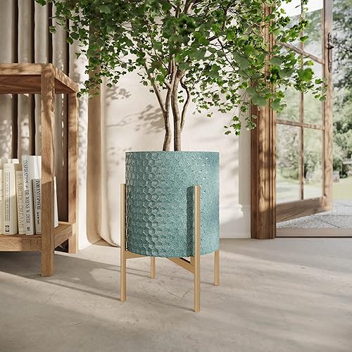Miniatura 5 de EverNest Mid-Century Modern Rhys - Maceta en relieve de panal con soporte Loki Gold, macetas de metal para interiores, estilo bohemio azul y verde