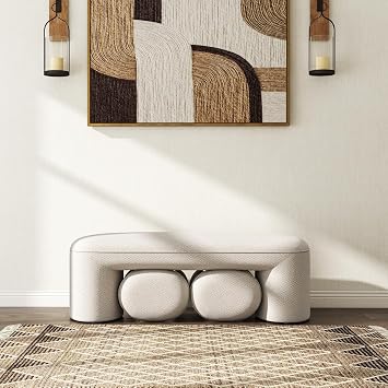 Hyfirm 3-Piece Nesting Upholstered Bench with 2 Stools, 53" Chenille Accent Waterfall Bench Modern End of Bed Entryway Bench Bedroom Bench for Living Room Vanity, White, No Need to Install