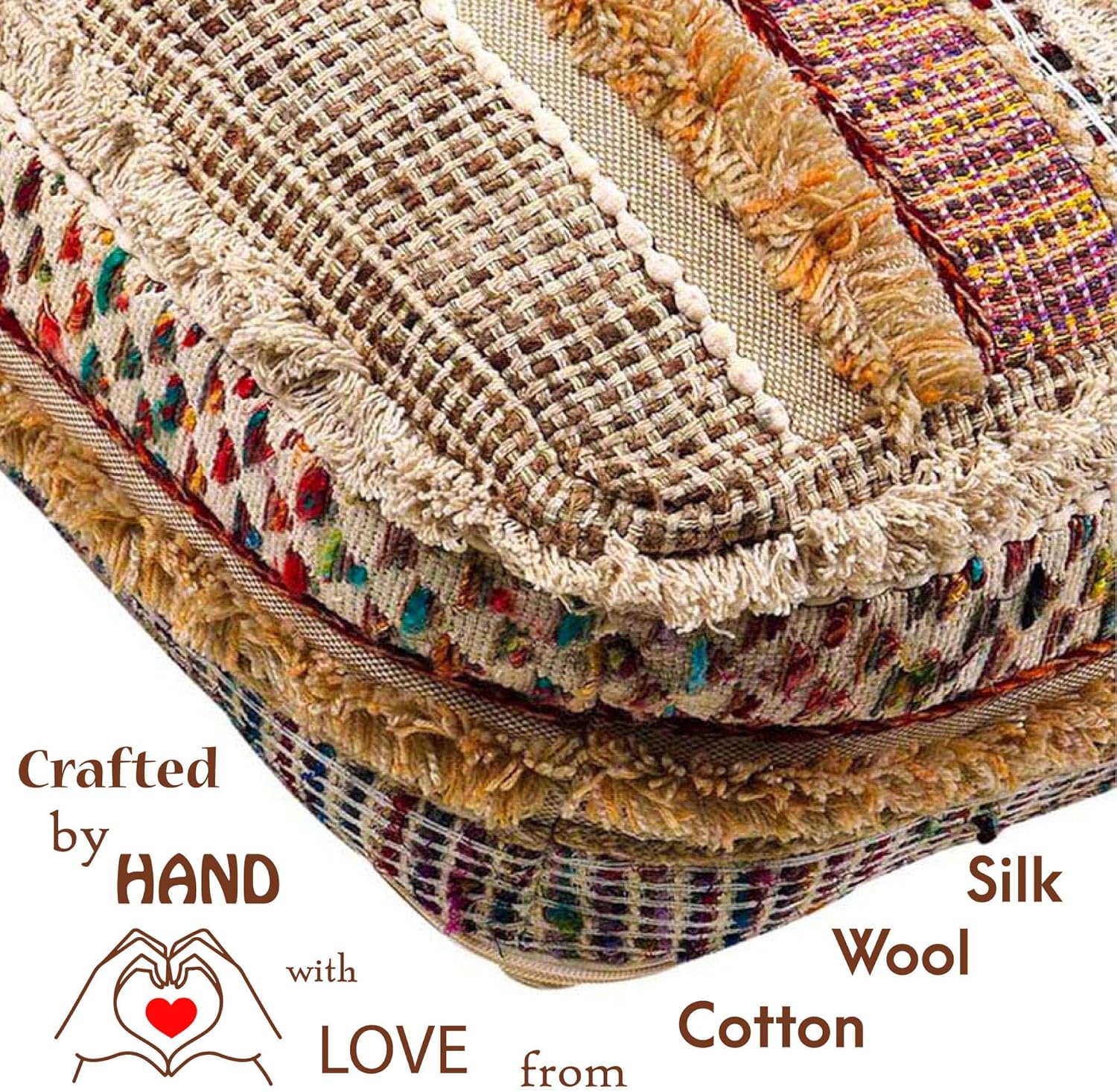 Mandala Life ART Bohemian Floor Cushion Cover - Pure Wool and Cotton Mix - 24x24x8 inches -Filler not Included - Artisan Hand Embroidery Patch Work - Boho Chic Luxury Moroccan Pouf Cover