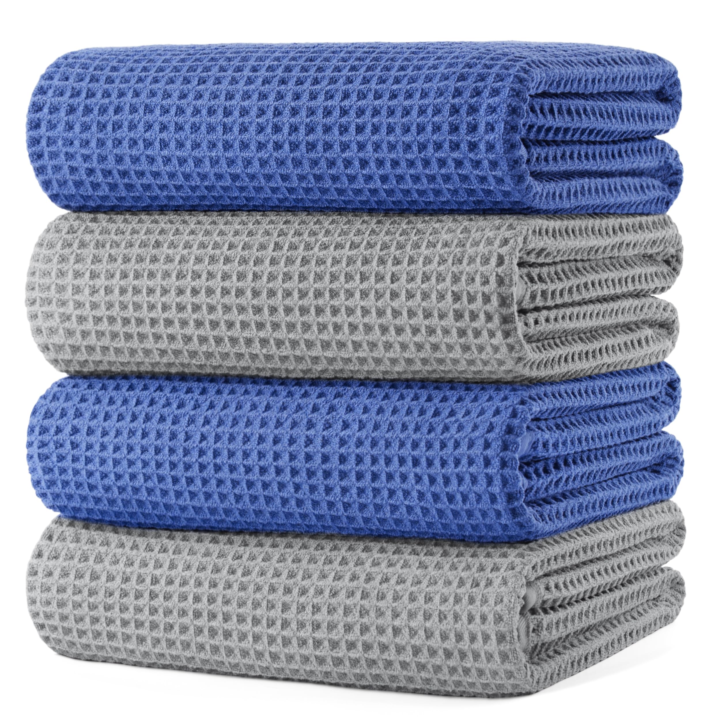 POLYTE 430 GSM Microfiber Oversize Quick Dry Lint Free Bath Towel, 60 x 30 in, 4 Pack (Waffle Weave)