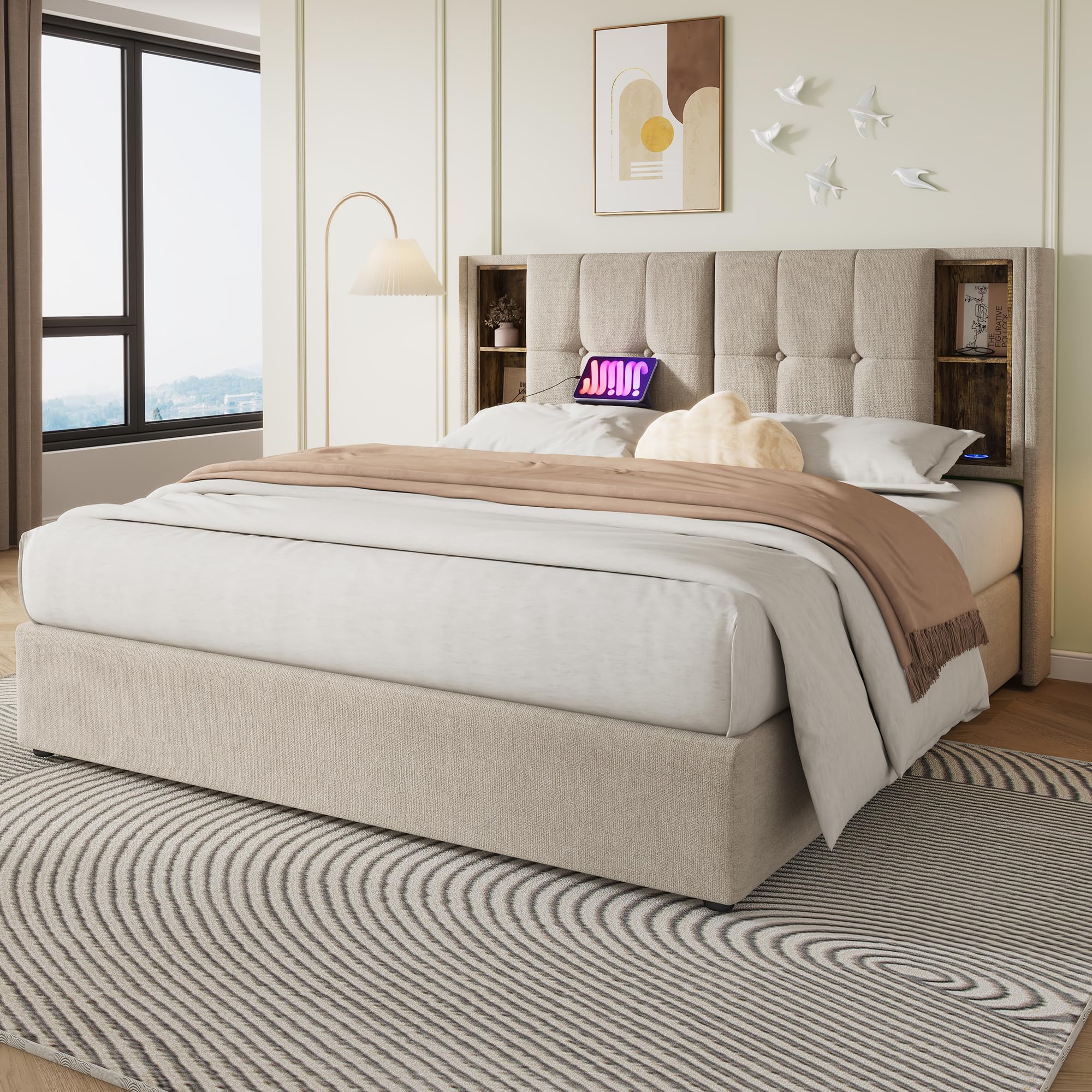 Camas matrimoniales, con Carga inalámbrica USB C, somier 160x200cm, somier con Espacio de Almacenamiento, Camas Infantiles, canape 160x200, algodón Gris (sin colchón)