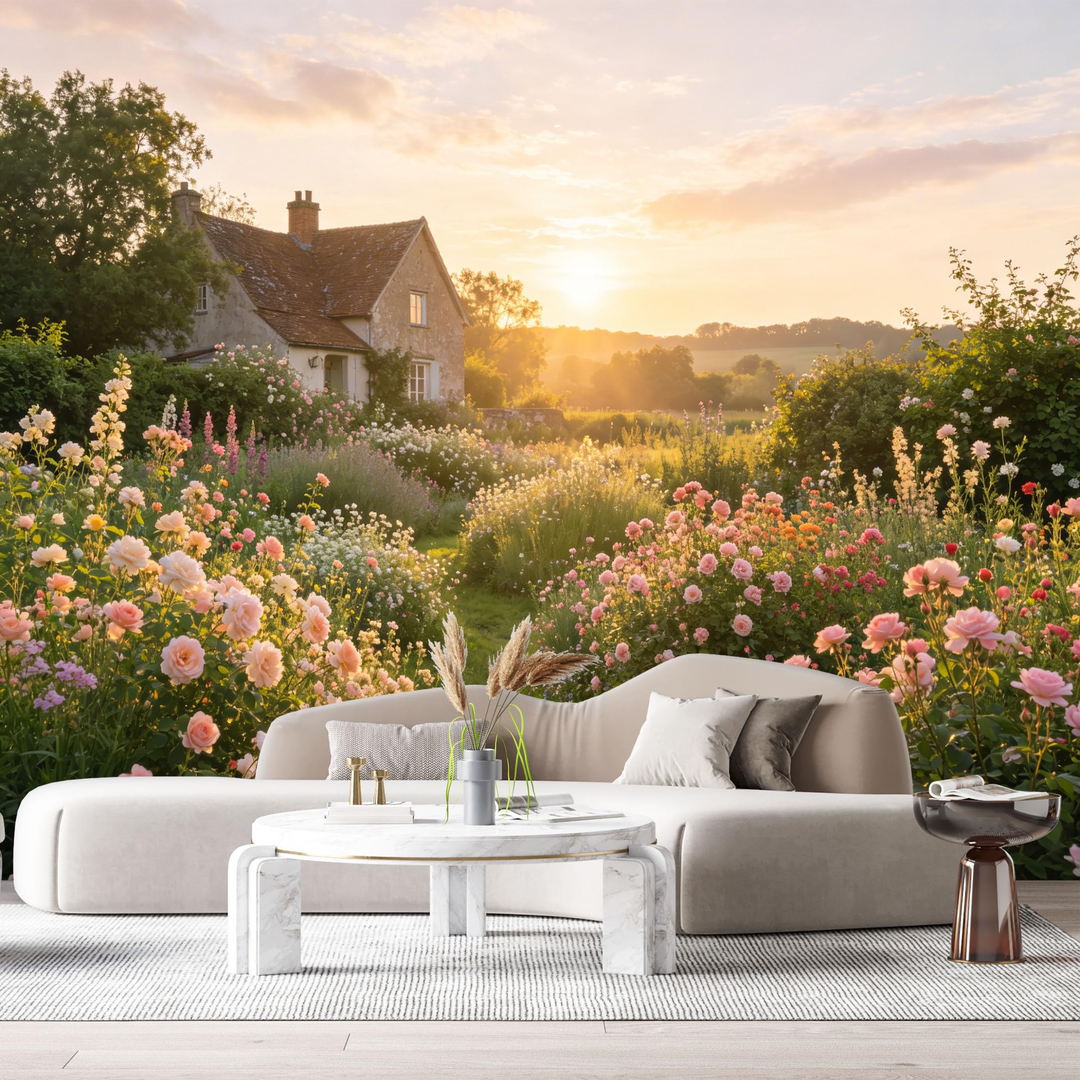 Custom Size Wall Murals Farmhouse Sunset Cottage Blooming Flowers Landscape SelfAdhesive Wall Fabric Removable Large Wallpaper for Photo Living Room Wall Decor