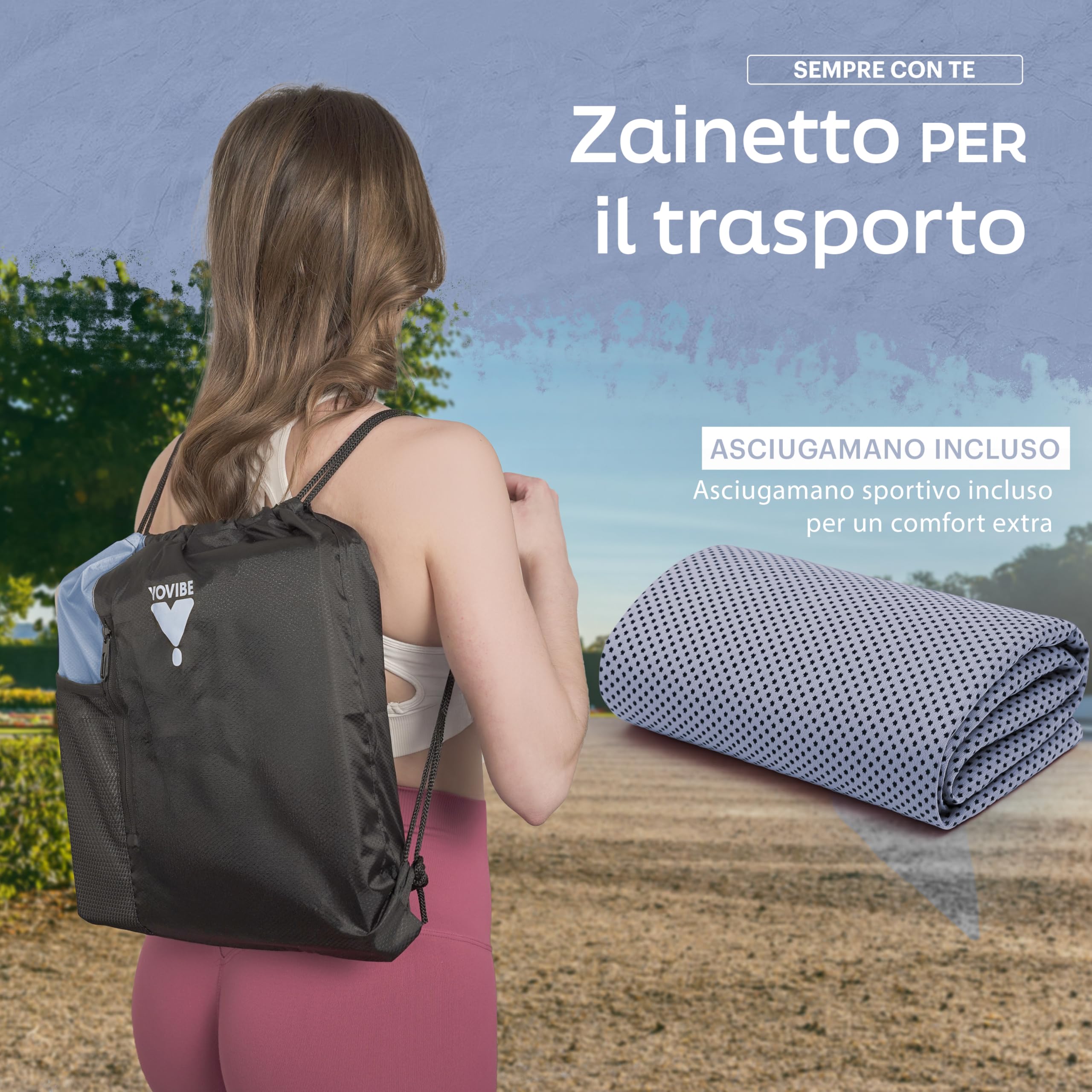 YoVibe - Tappetino Yoga Antiscivolo Professionale con Telo Fitness e Sacca Sportiva - Tappetino Pilates Pieghevole Antiscivolo e Impermeabile 183x60 cm