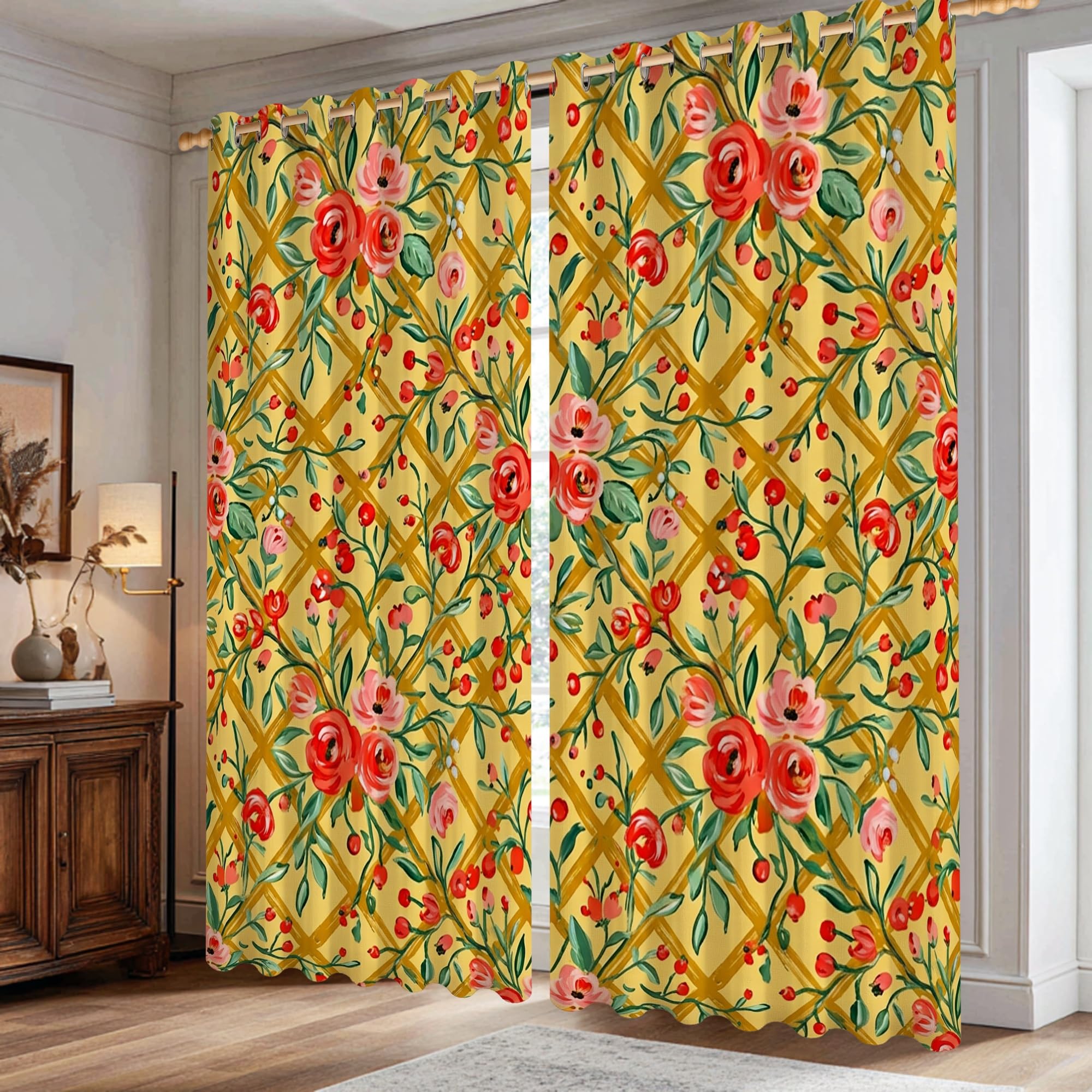 Rideau occultant floral jaune treillis feuille lavable en machine 106x183