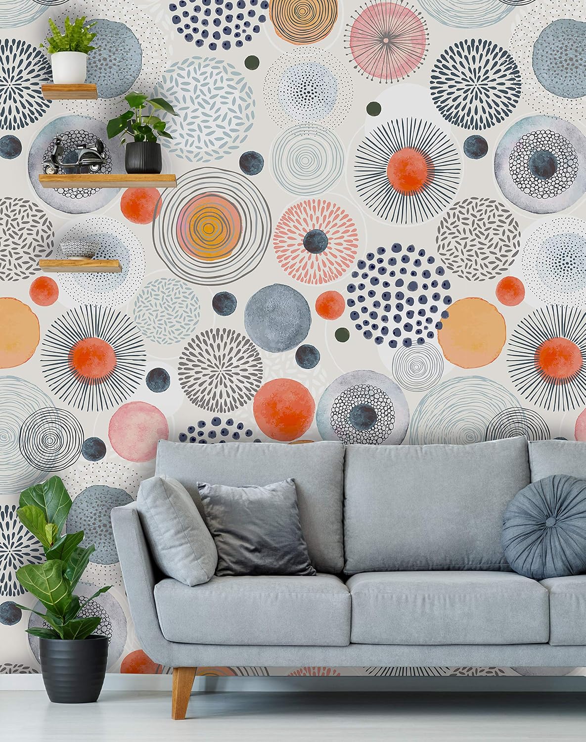 Removable Peel 'n Stick Wallpaper, Self-Adhesive Wall Mural, Watercolor Gray Abstract Pattern, Nursery Baby’s Room Decor • Doodle Circles (24" W x 96" H Inches)