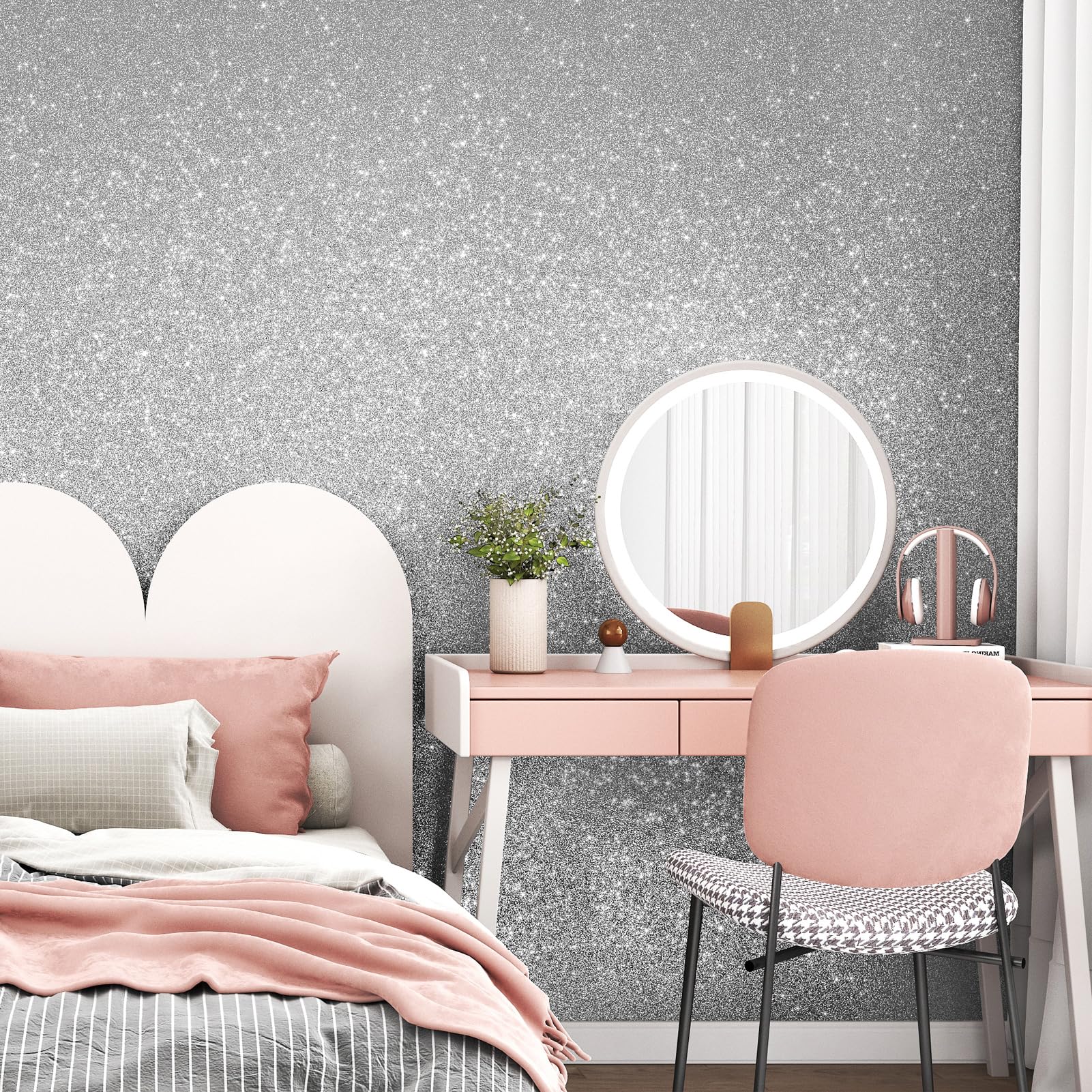 Yullpaper Zilveren glitter schil en stok muur decor - meisjes slaapkamer behang glitter kleverige achterkant plastic contactpapier zelfklevend zilver behang vinyl wrap voor meubels 40 cm x 300 cm