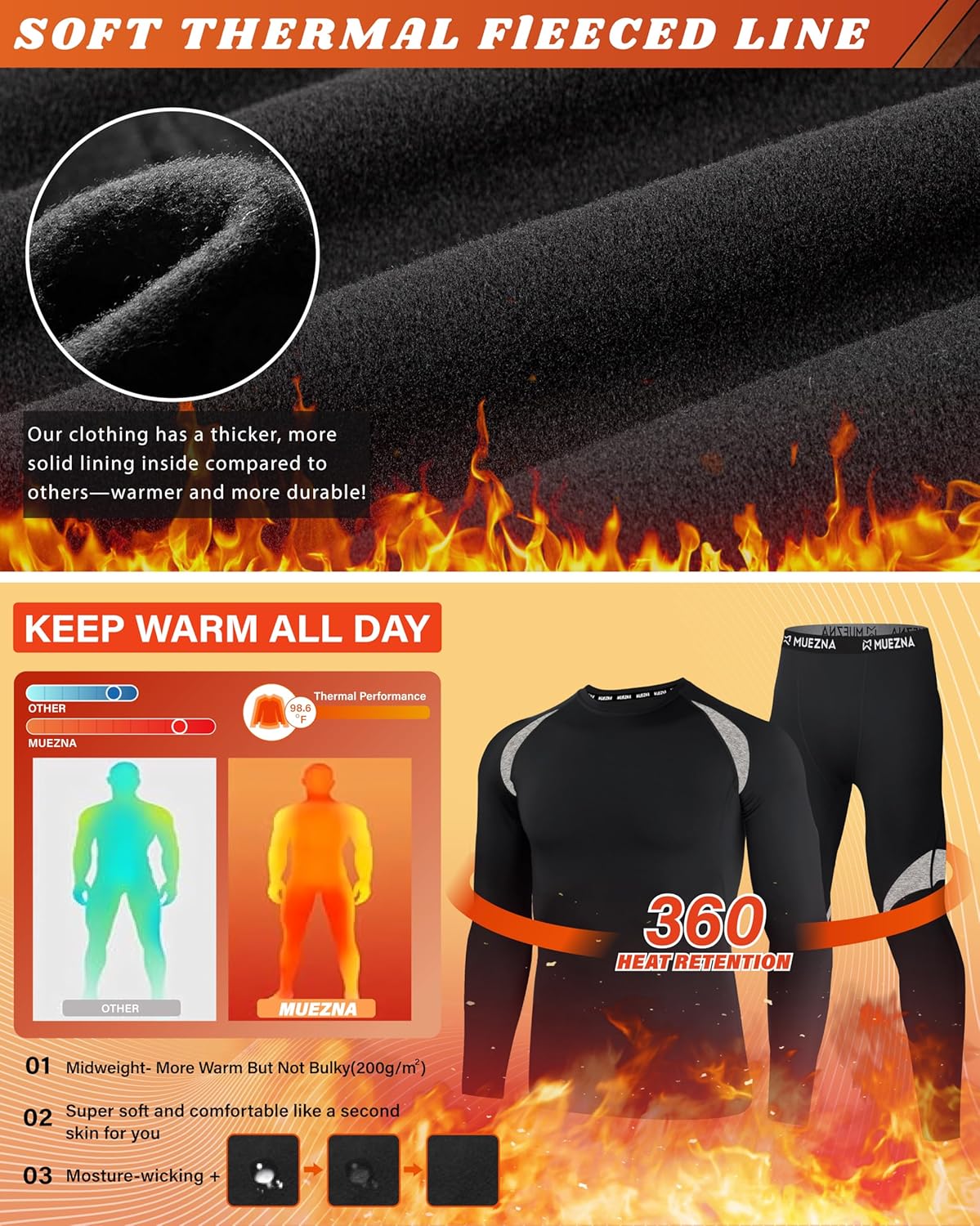 Muezna Men's Thermal Top and Bottom Set Underwear Long Johns Base Layer with Soft Fleece Lined - Image 2